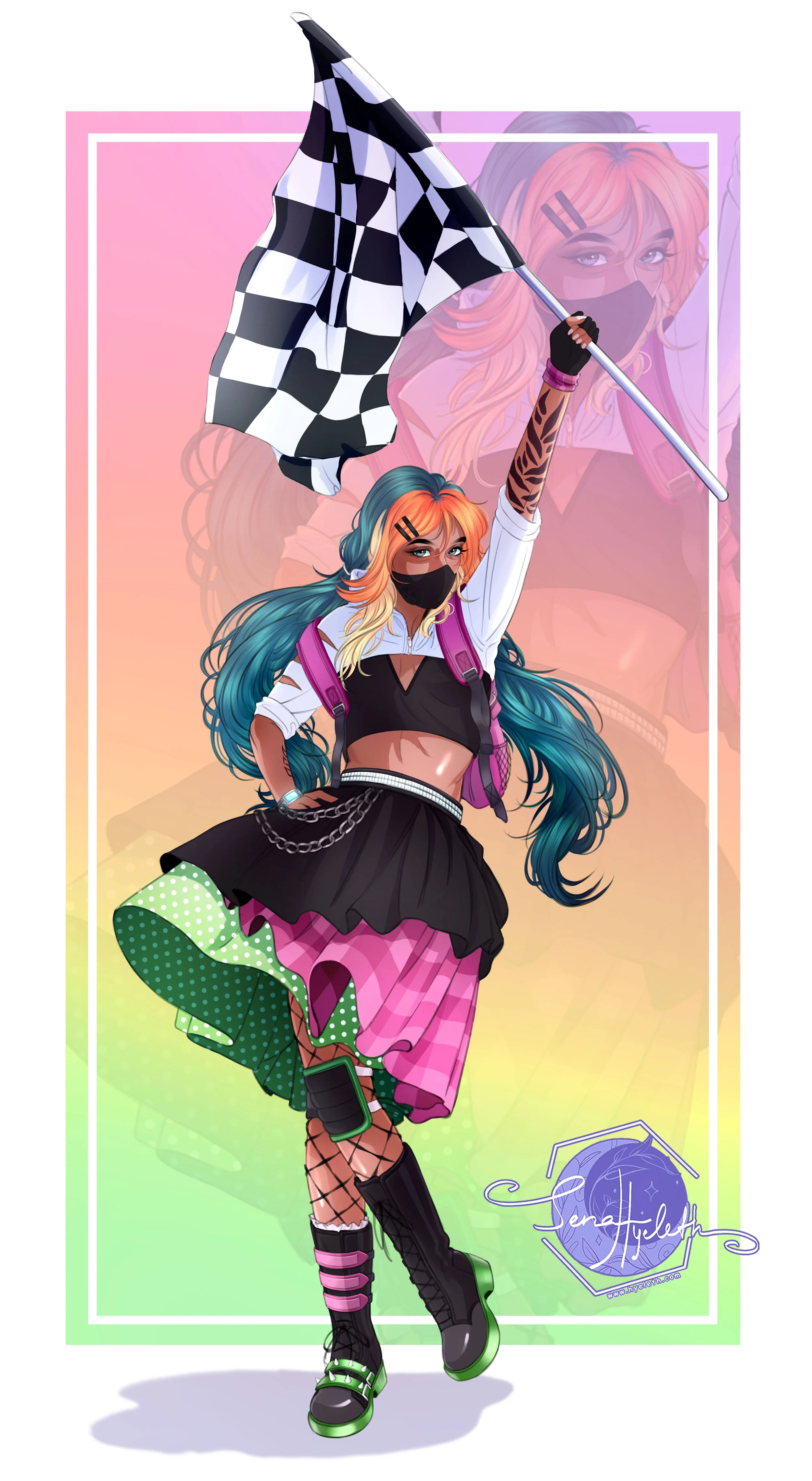 A young woman with colorful blue and orange hair, wearing a face mask, sportswear, and fishnet stockings, raises a checkered flag in a vibrant, artistic digital illustration.