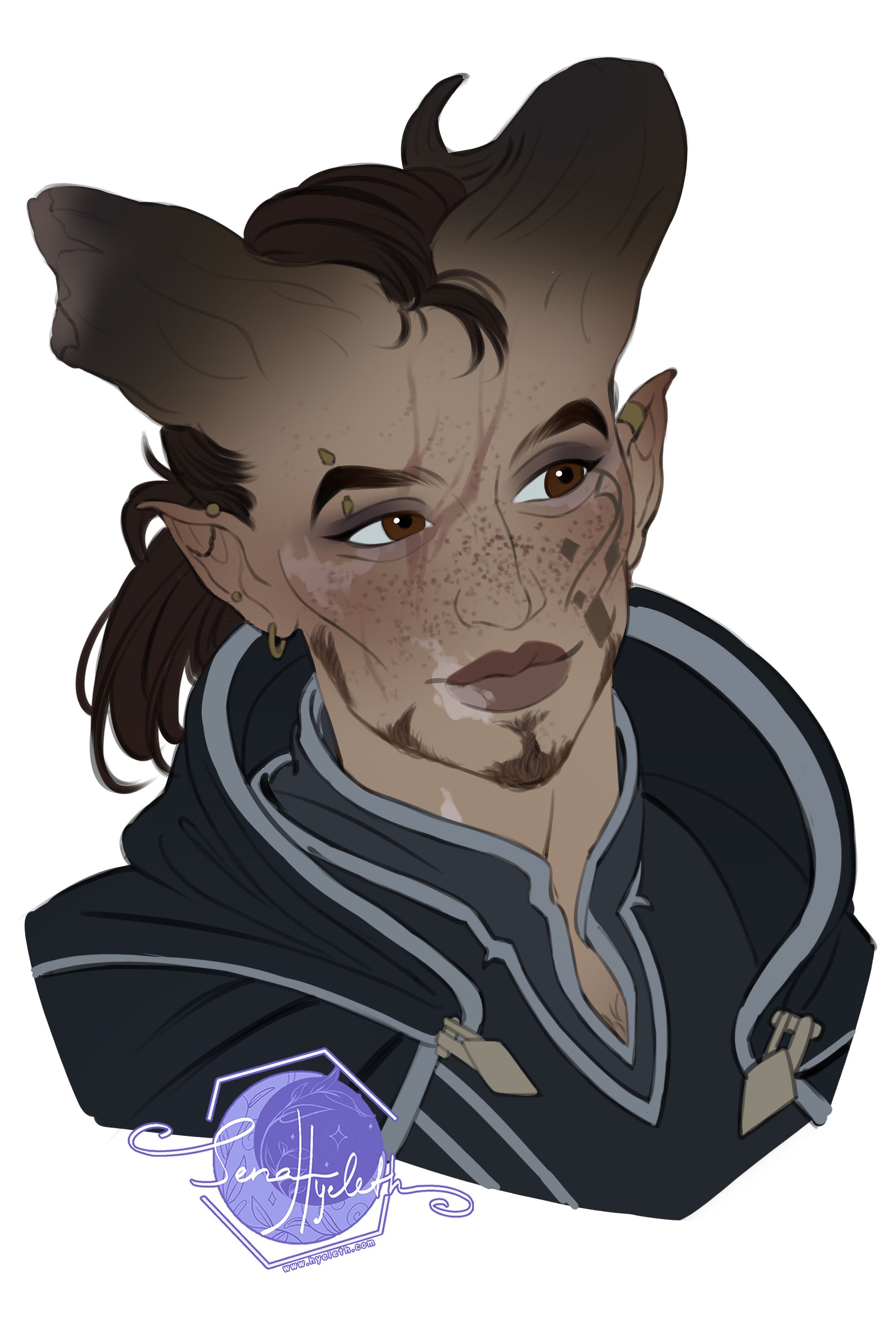 Digital illustration of a humanoid character (qunari), with large ears, horns, and freckles, wearing a dark outfit.