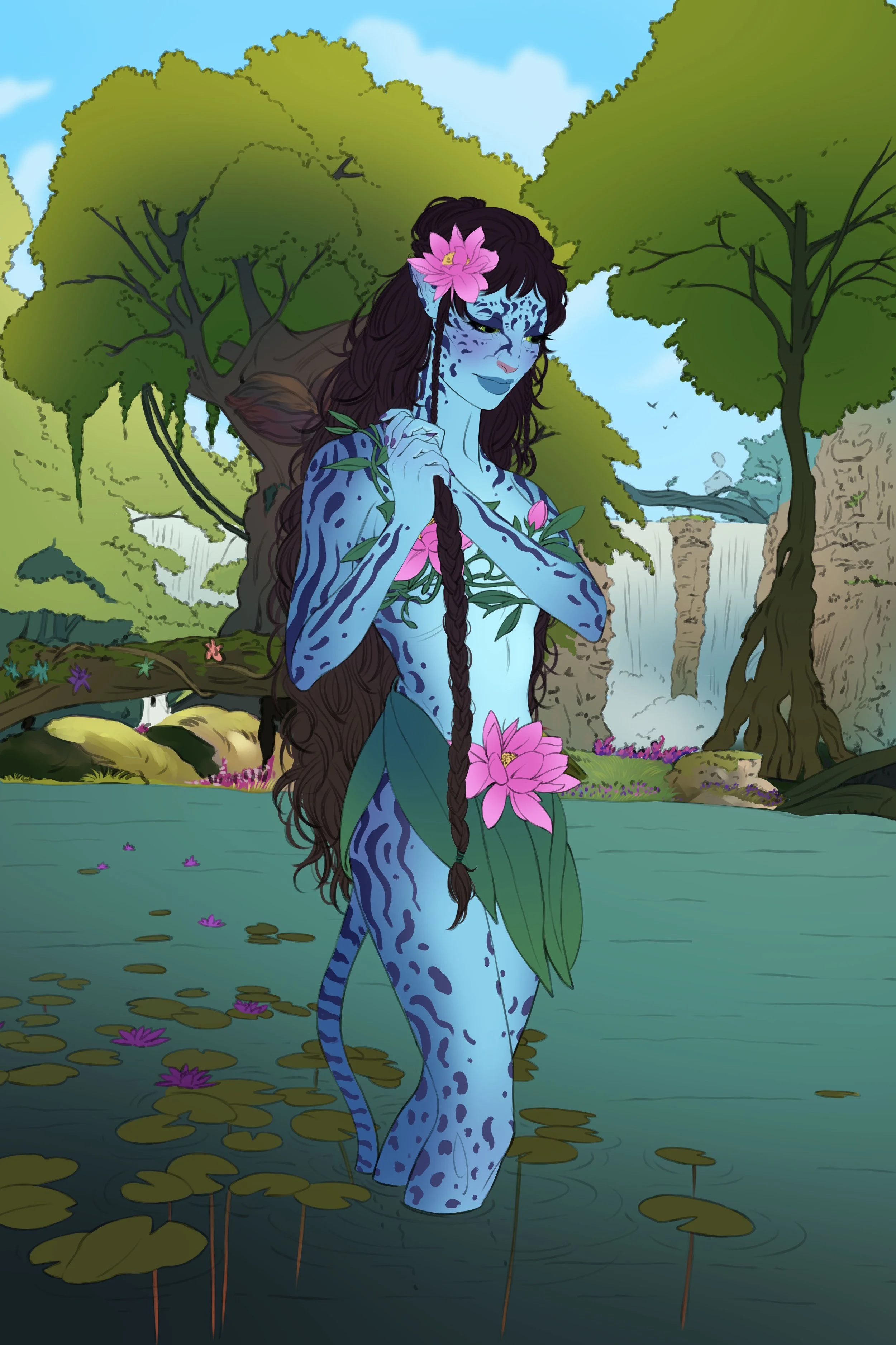 A blue-skinned na'vi with leopard-like spots, long dark hair adorned with a pink flower, standing in a pond surrounded by lush greenery, trees, and a waterfall in the background.
