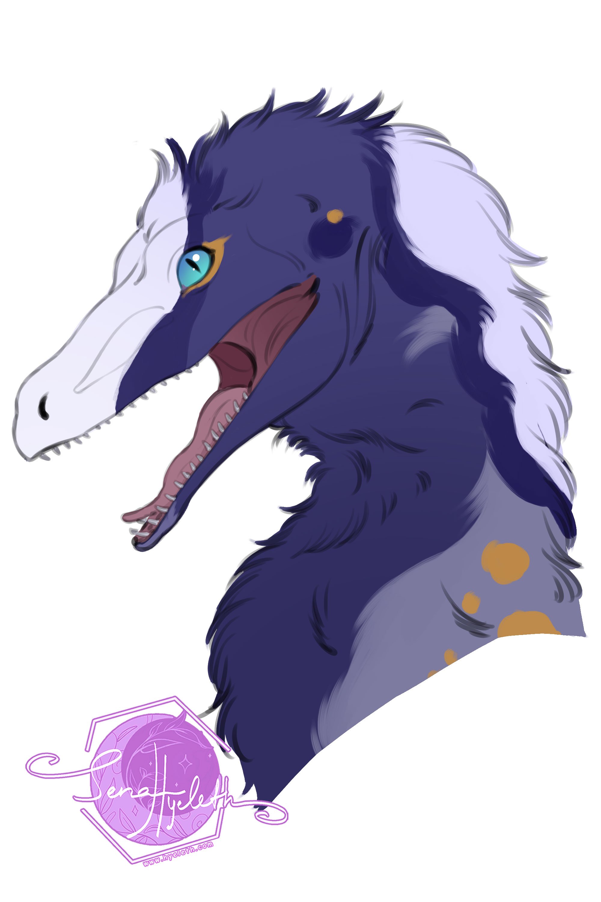 Digital illustration of a hybrid creature with a dinosaur skull and a bird-like head, featuring blue and white coloring, bright blue eye, and an open mouth showing sharp teeth. The creature has a dark blue body with some orange spots and a mane-like 