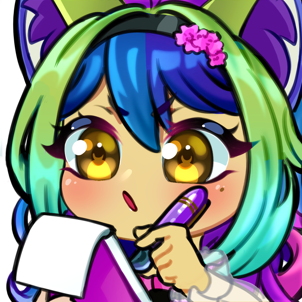 Anime-style character with large brown eyes, blue and green hair, holding a purple marker and a notepad, with a pink flower hair accessory.