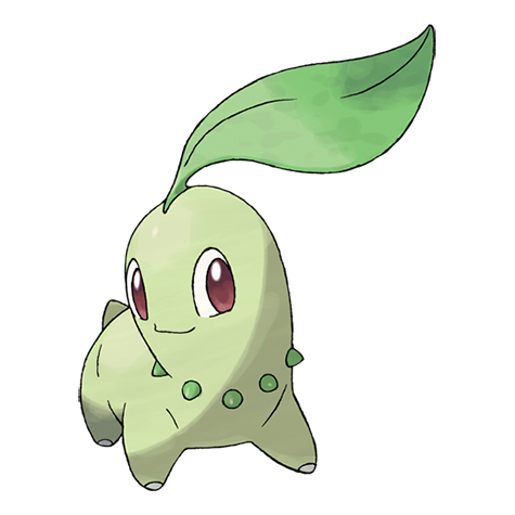 Illustration of a Pokémon resembling a small, green plant with a leaf on its head and large, purple eyes.