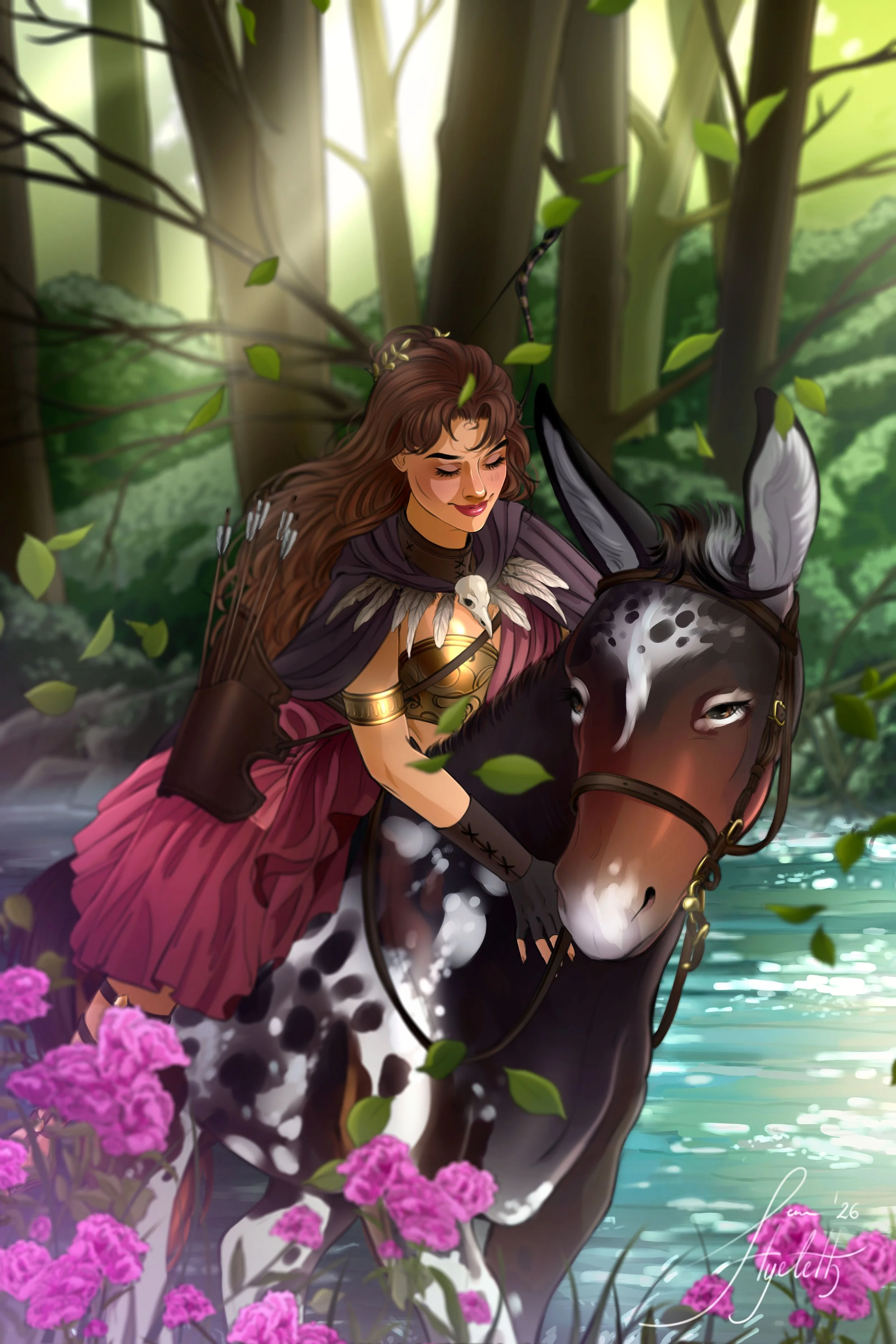 A woman with long brown hair, dressed in fantasy-style clothing, rides an appaloosa horse through a lush forest stream, surrounded by pink flowers and falling leaves, with sunlight filtering through the trees.