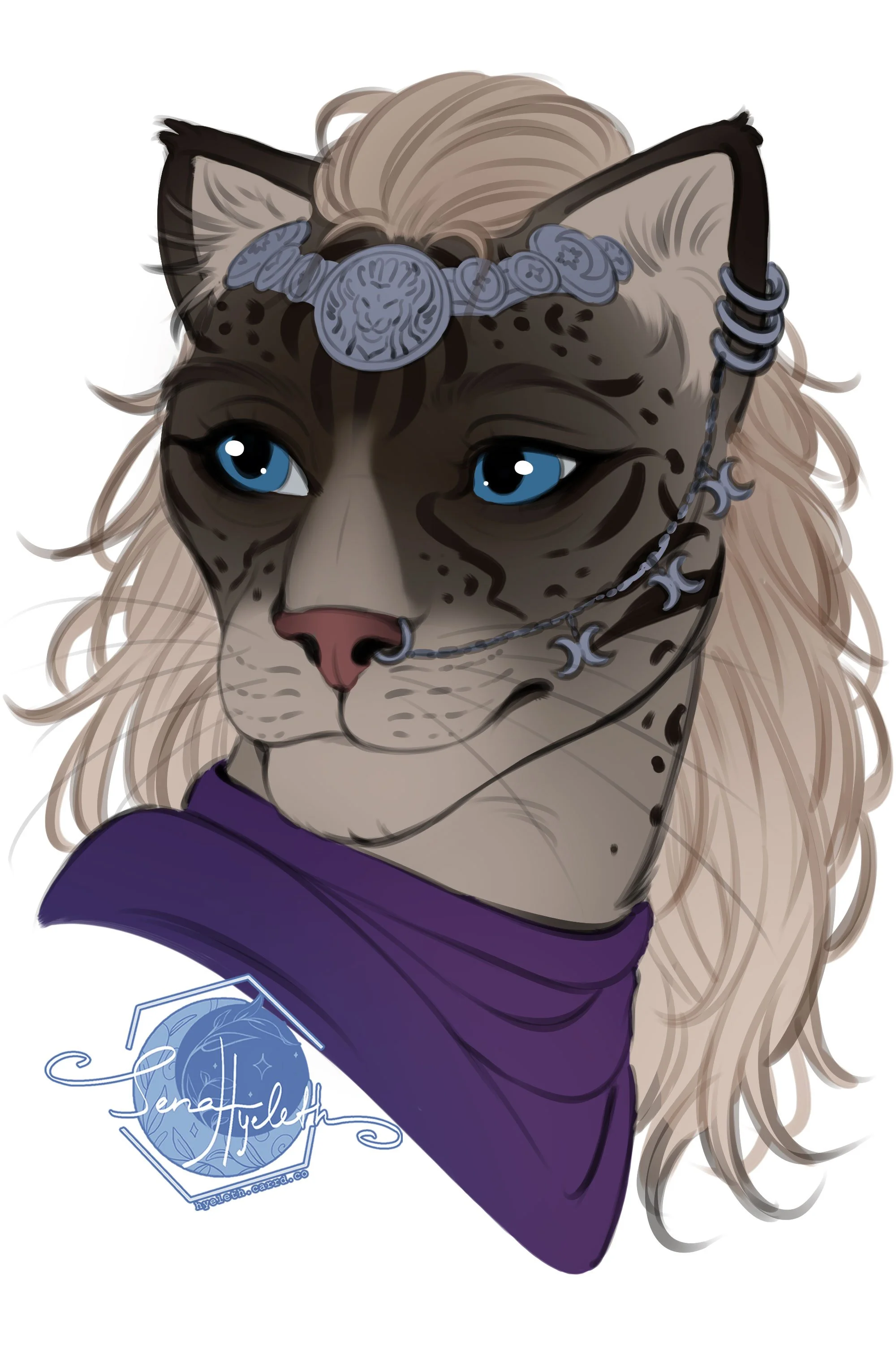 Digital illustration of a humanoid feline character with blue eyes, markings, gold hair, jewelry, a nose ring, and a purple bandana.