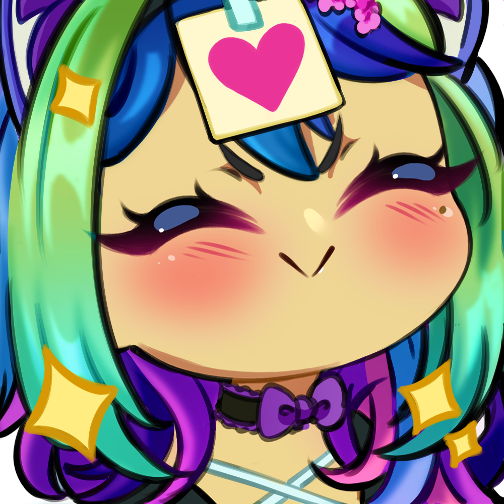 A colorful cartoon-style illustration of a character with closed eyes, blushing cheeks, and a big smile. The character has multicolored hair with green, blue, purple, and pink shades, adorned with star-shaped accessories. The character is wearing a purple bow tie and has a yellow sticky note with a pink heart on their forehead.