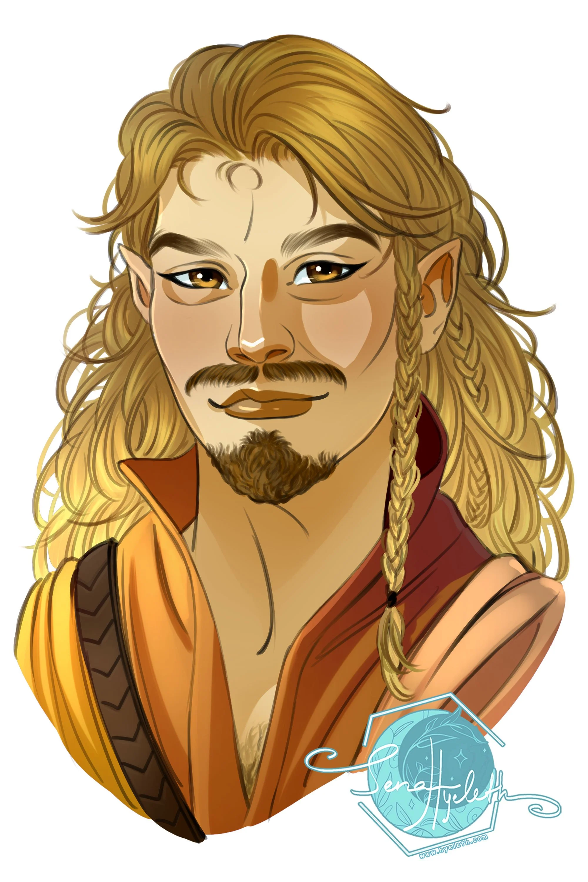 Digital illustration of a fantasy elf man with long, curly blond hair, a braid on one side, pointed elf ears, brown eyes with winged eyeliner, a goatee, and wearing a brown and orange tunic.