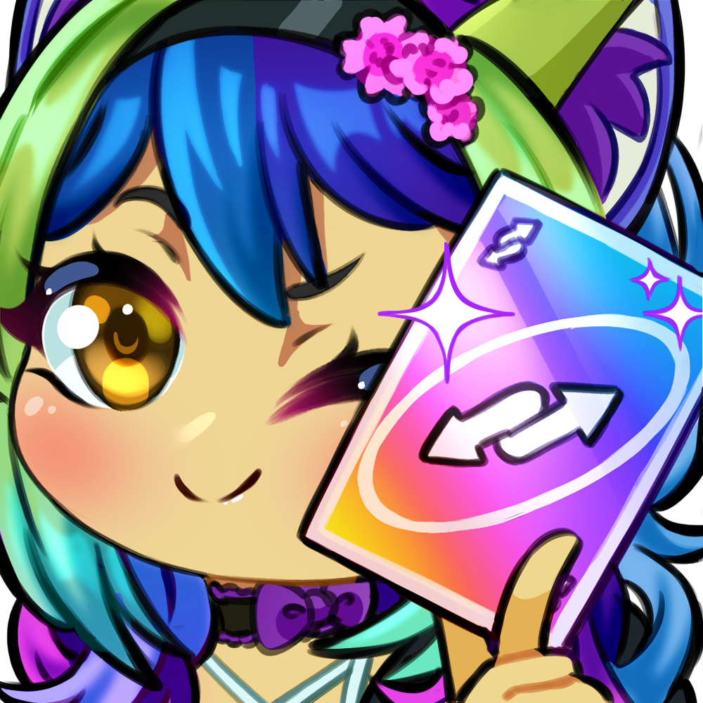 A colorful cartoon character with blue and green hair, holding a rainbow-colored card with a recycle symbol and sparkles, winking and smiling.