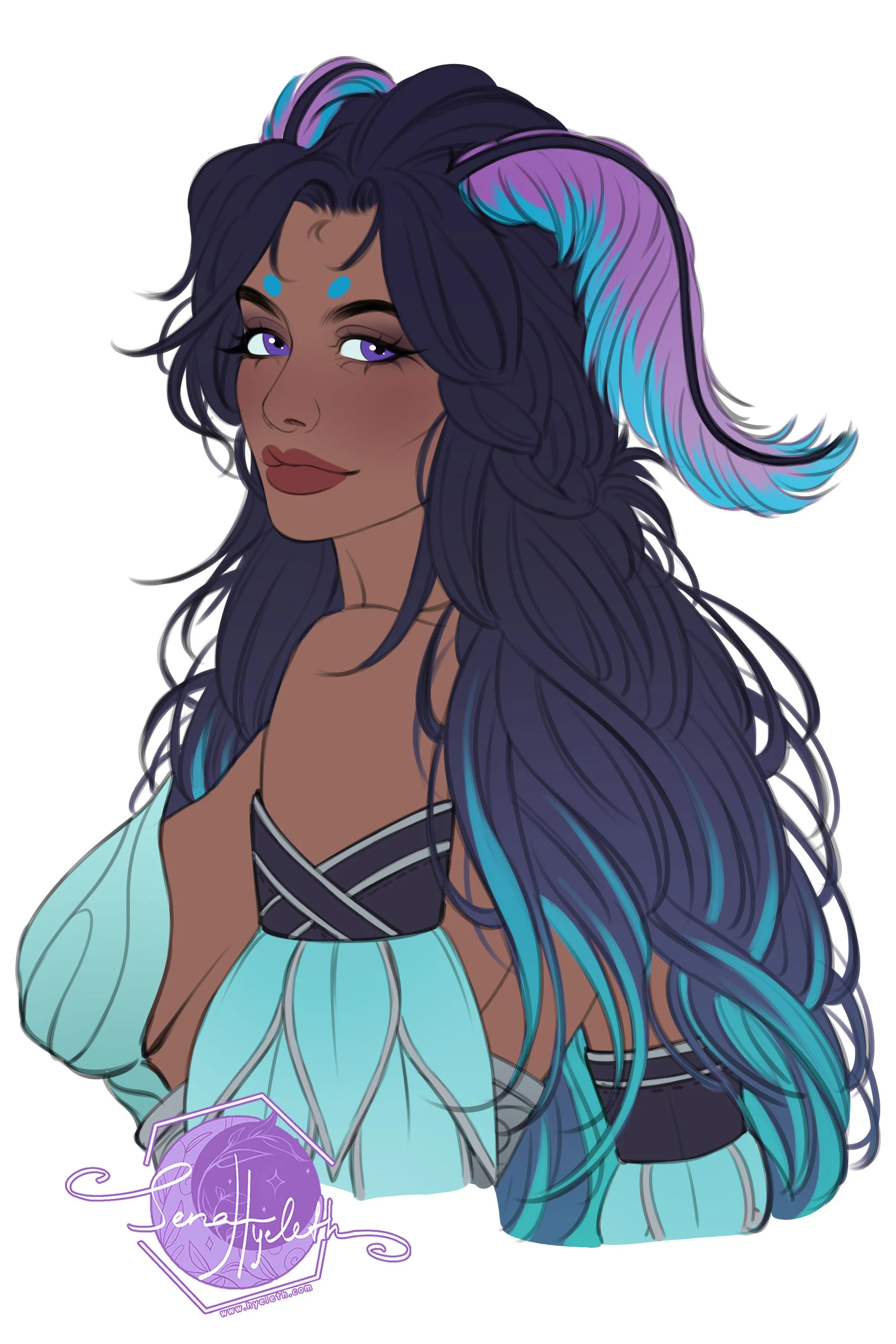 Digital illustration of a woman with long, wavy dark purple hair accented with bright blue and purple streaks. She has purple eyes, light brown skin, and wears blue face paint dots on her forehead. She is dressed in a fantasy-inspired outfit with flowing, translucent fabric in shades of blue and black. The signature 