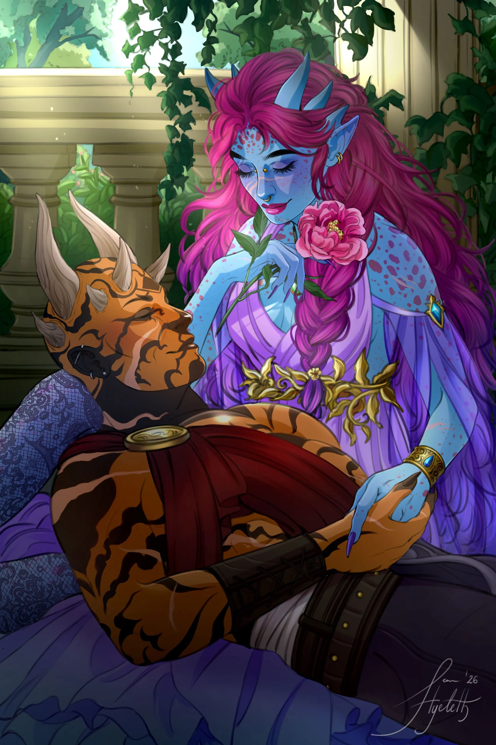 A fantasy illustration of a blue-skinned theelin with pink hair, holding a pink flower, leaning over a sleeping zabrak, he has large orange skin, horns, and a red sash, in a lush garden setting.