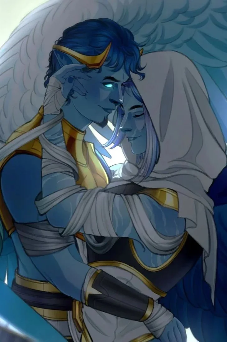 Fantasy-style digital art of two blue-skinned characters, one with wings, sharing a close, tender moment. The taller character has blue hair, glowing eyes, and wears golden armor, while the smaller character is wrapped in white cloth.