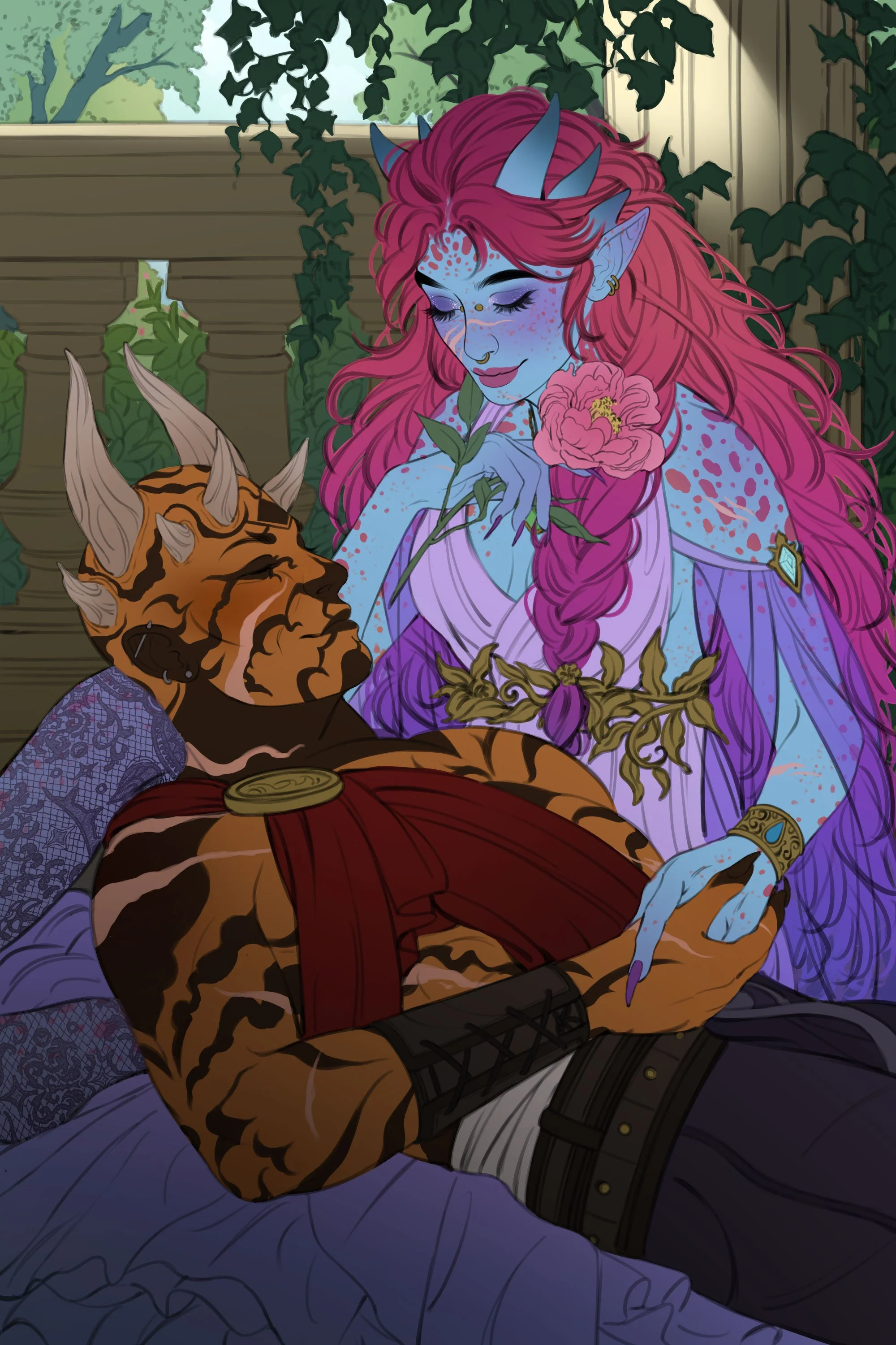 A fantasy illustration of a blue-skinned theelin with pink hair, holding a pink flower, leaning over a sleeping zabrak, he has large orange skin, horns, and a red sash, in a lush garden setting.