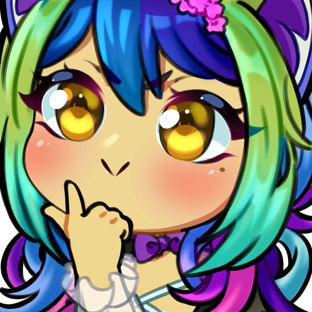 Anime-style character with large golden eyes, multicolored hair in shades of blue, green, purple, and pink, making a thinking gesture with a finger on her lips, wearing a purple bow tie and a pink flower in her hair.
