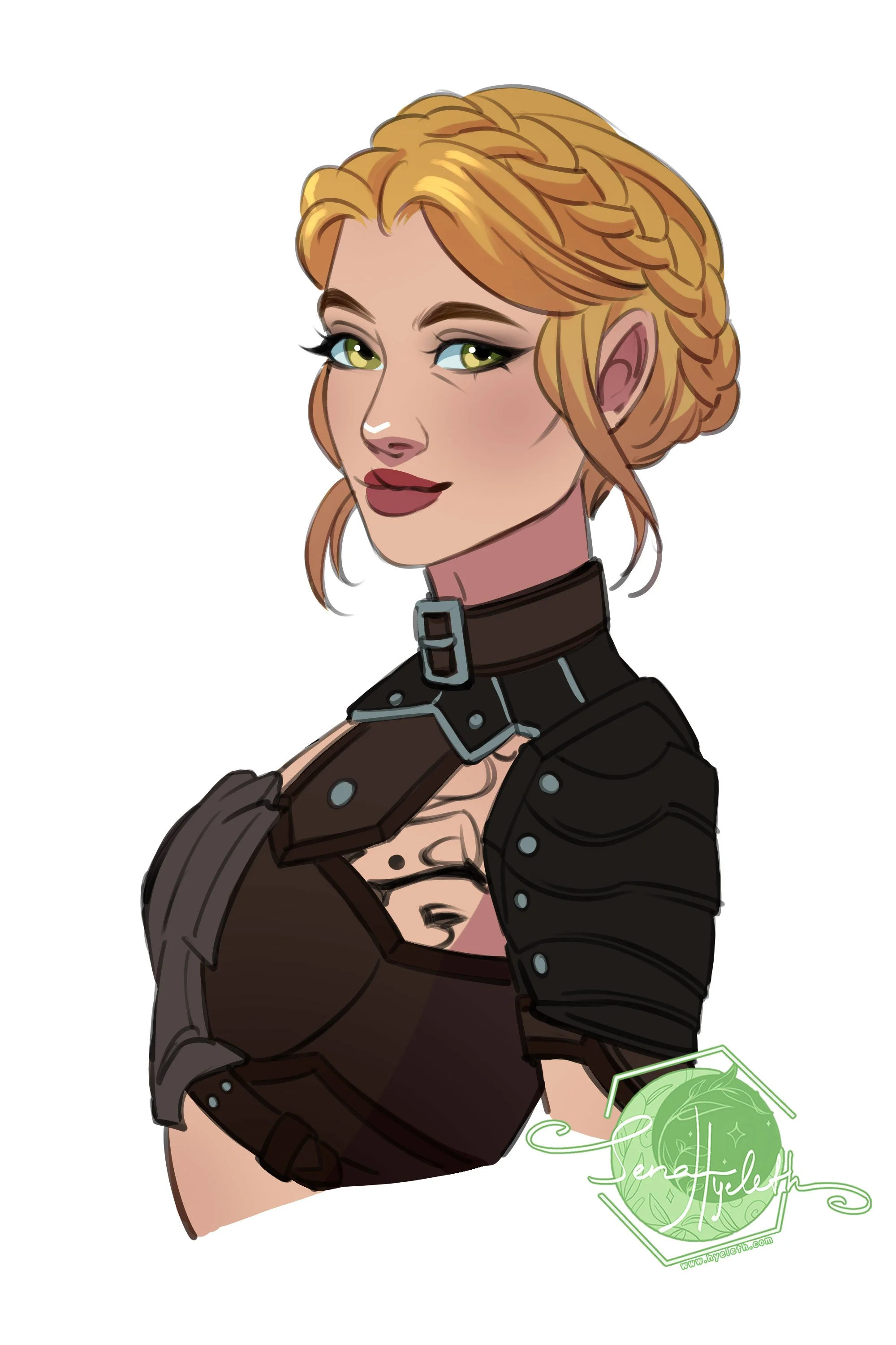 Digital illustration of a woman with blonde hair styled in a braid, wearing dark armor with neckline and shoulder details.