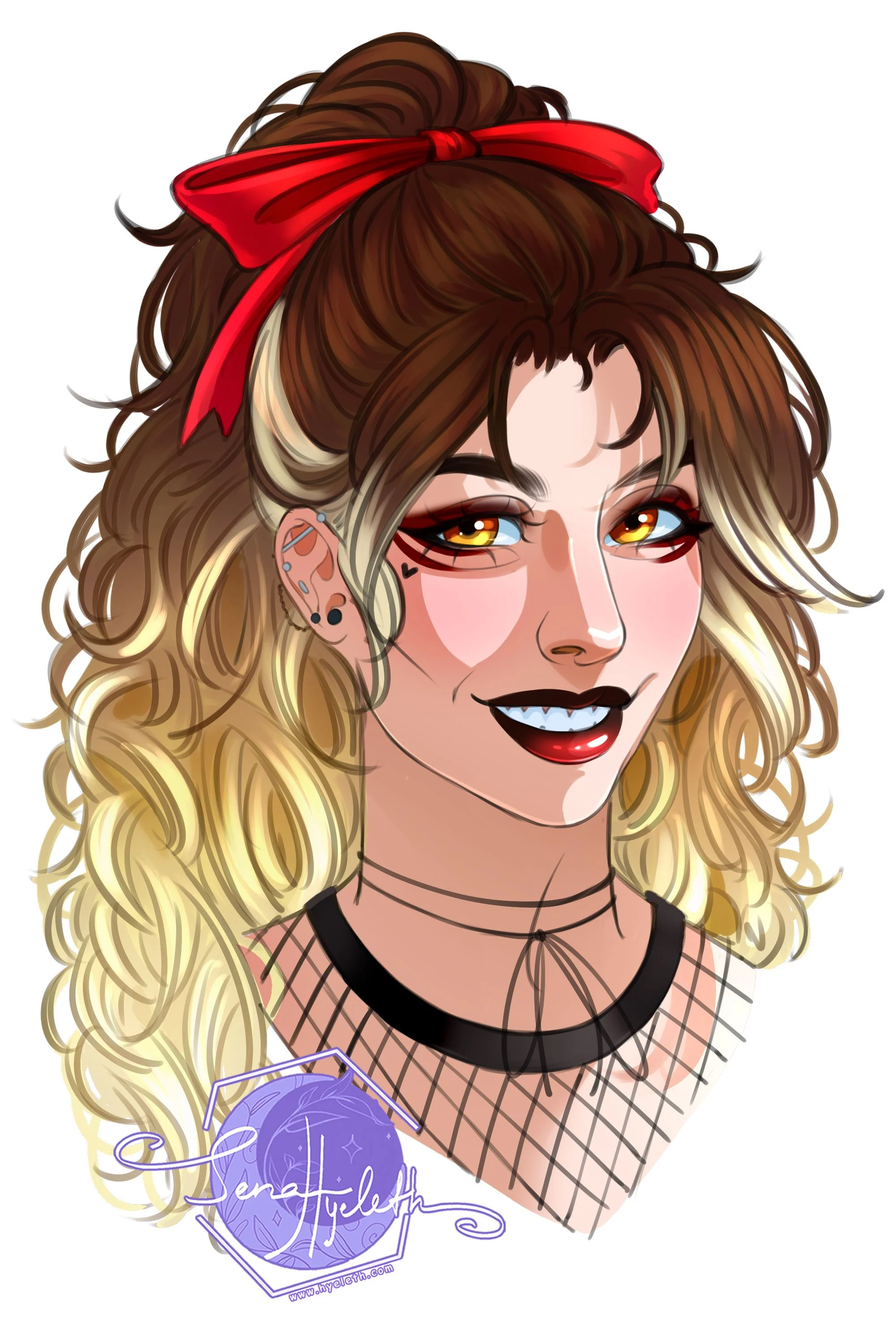 Digital illustration of a woman with wavy blonde and brown hair wearing a red headband, black fishnet top, and multiple earrings, smiling confidently with makeup and a dark lipstick.