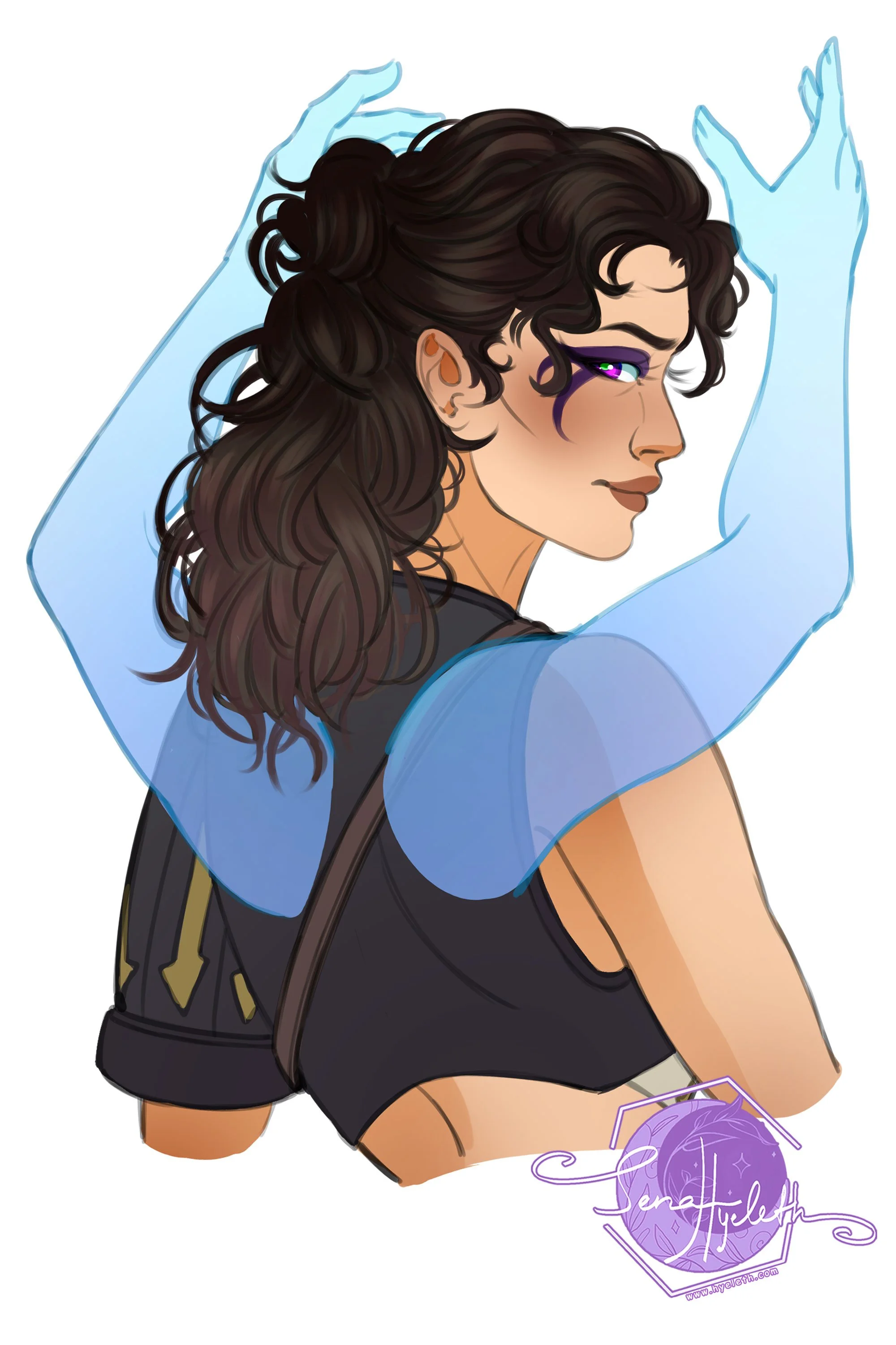 Digital illustration of a woman with dark, curly hair, purple eye makeup, light blue translucent gloves, and a black sleeveless top, looking over her shoulder.