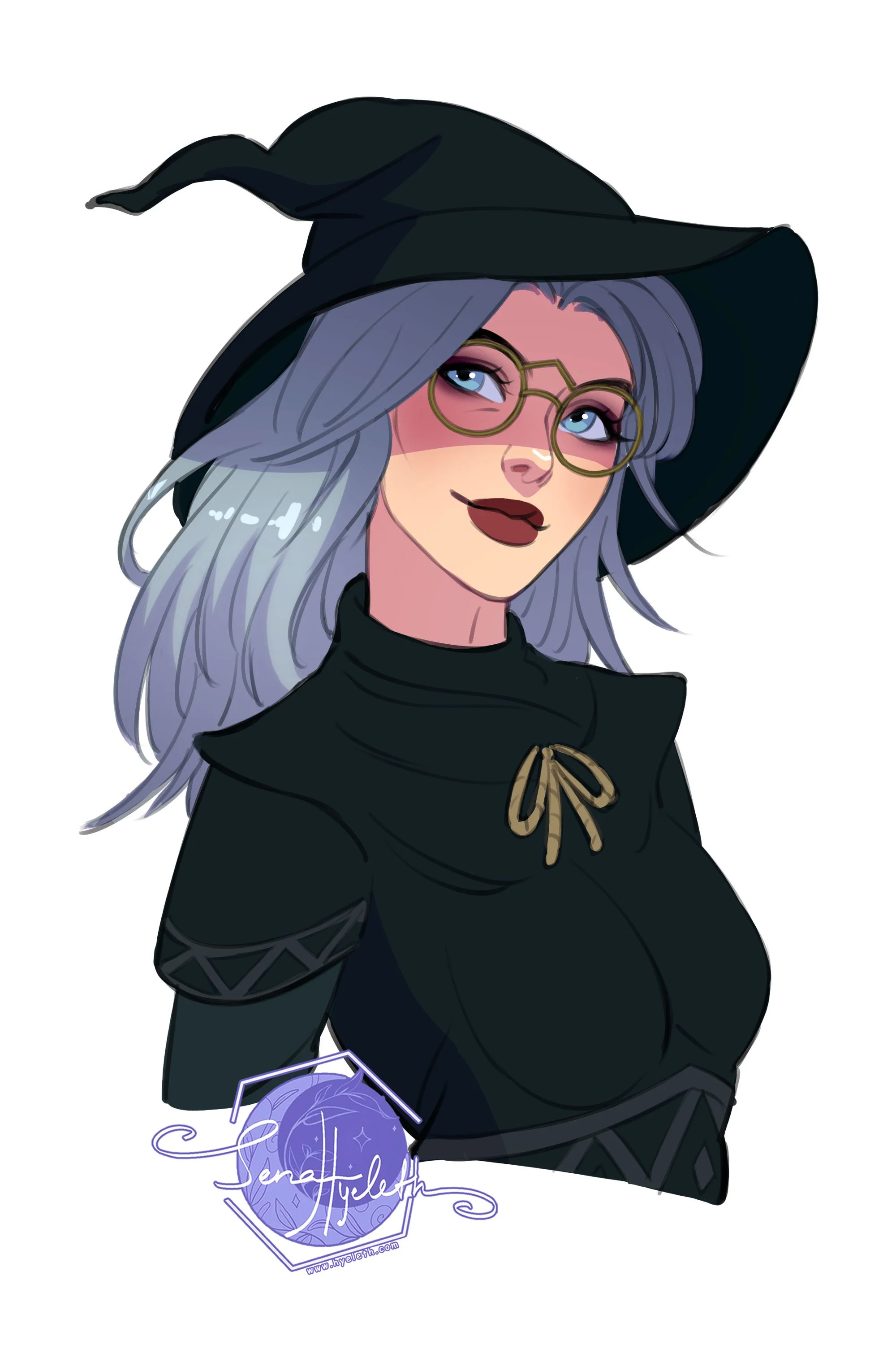 Digital illustration of a woman with pale blue hair wearing a large black witch hat, gold glasses, and a black outfit with a gold bow.