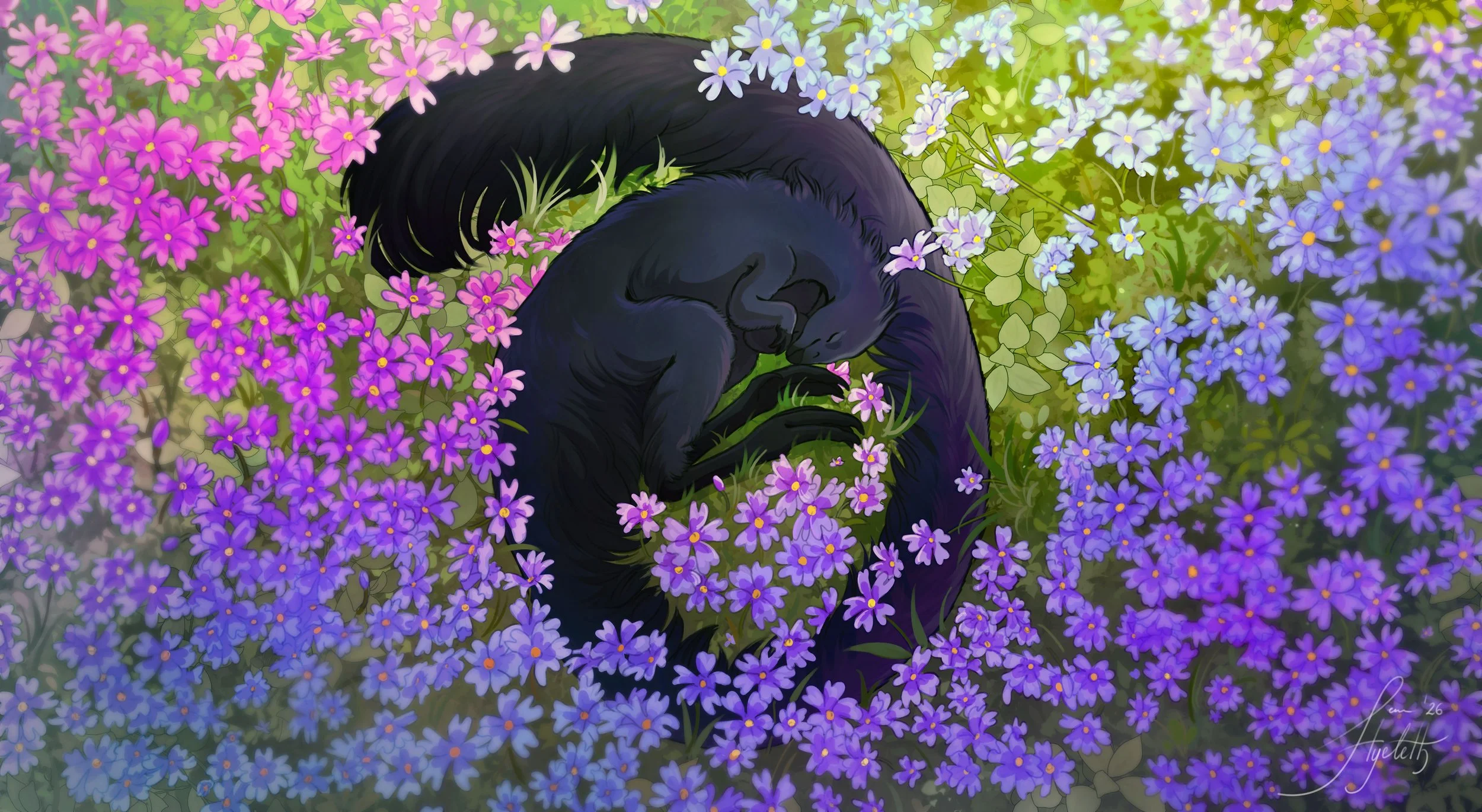 A black laellynasaura curled up and sleeping amidst pink, purple, and blue flowers in a lush garden.