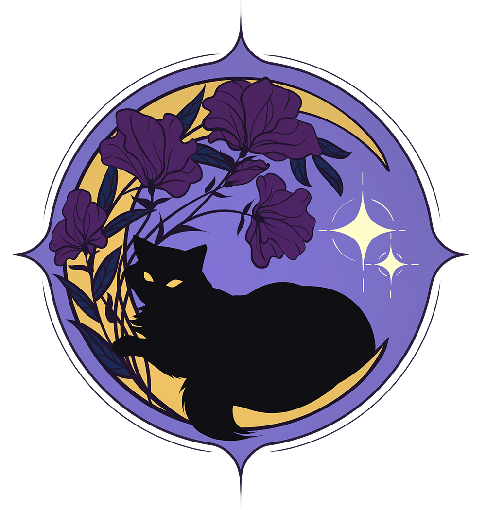 Stylized illustration of a black cat sitting among purple flowers, with a moon and stars in the background, in dark purple and yellow tones.