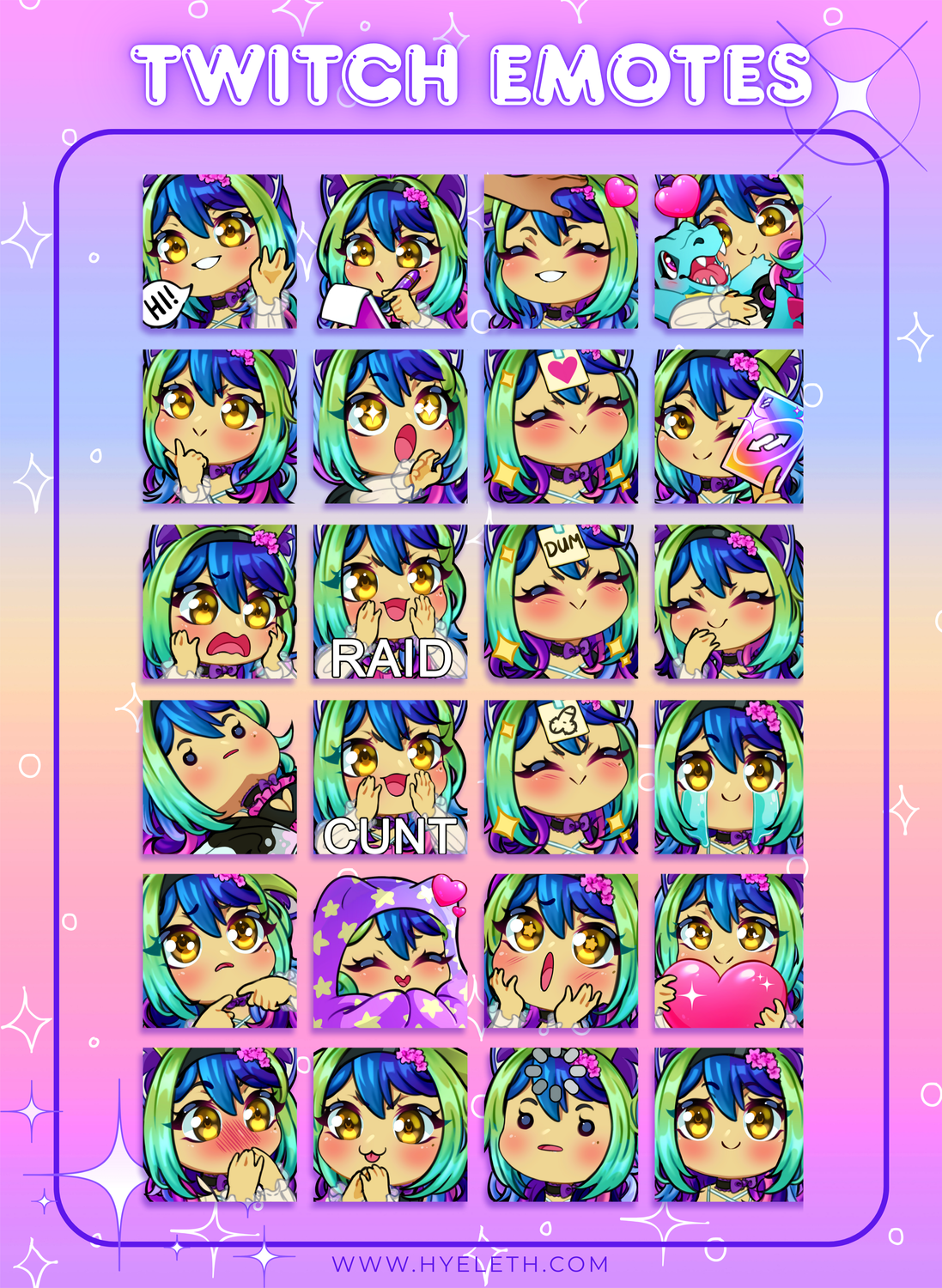 A grid of colorful cartoon Twitch emotes featuring a blue and green haired character expressing various emotions such as happy, surprised, sad, and playful, set against a pastel pink and purple gradient background with sparkles and stars.