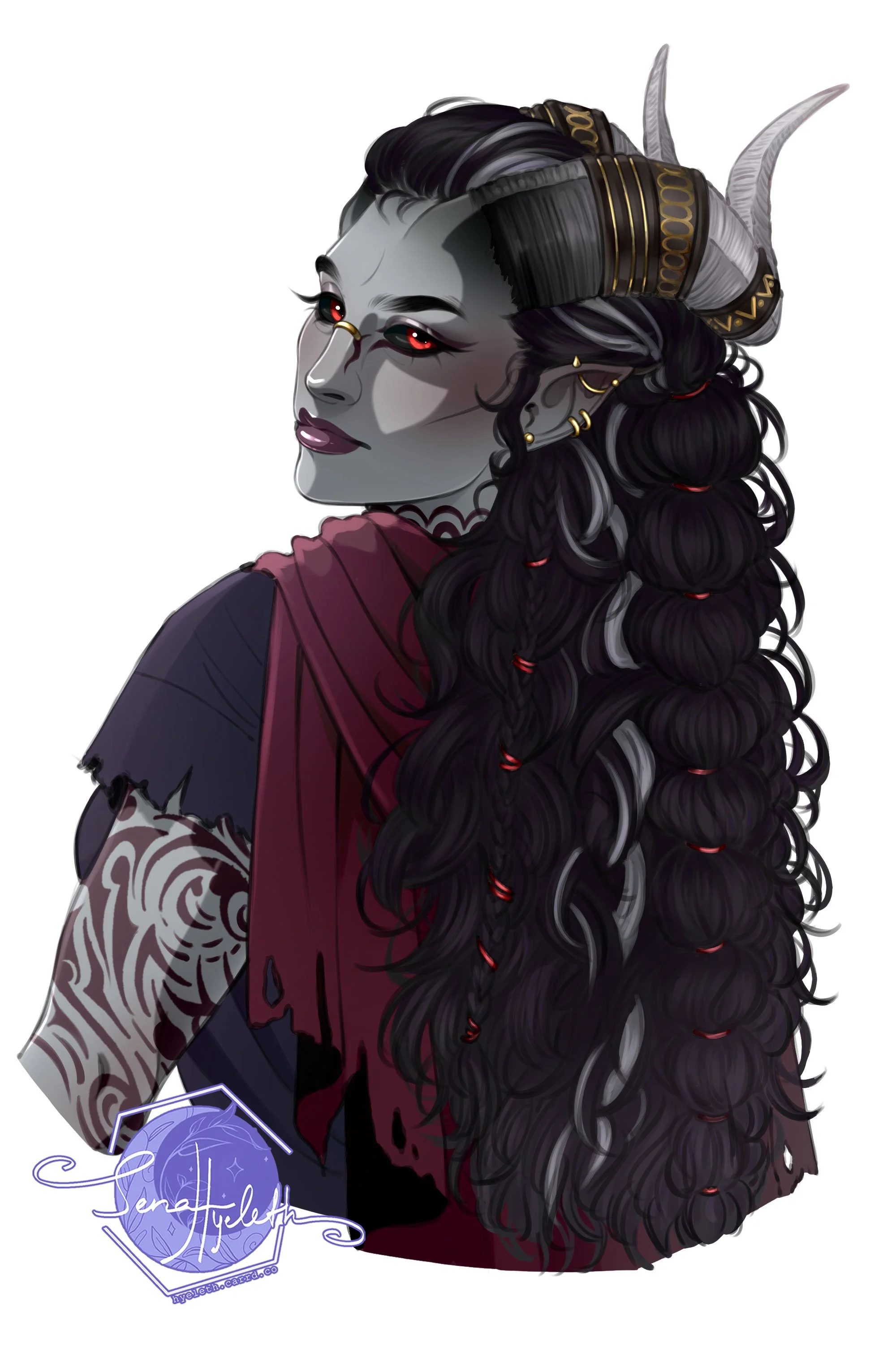 Digital art of a qunari with long, curly black hair, red eyes, gray skin, curved horns, and wearing earrings. She is dressed in dark clothing with a red cloak and has intricate tattoo-like markings on her arm.