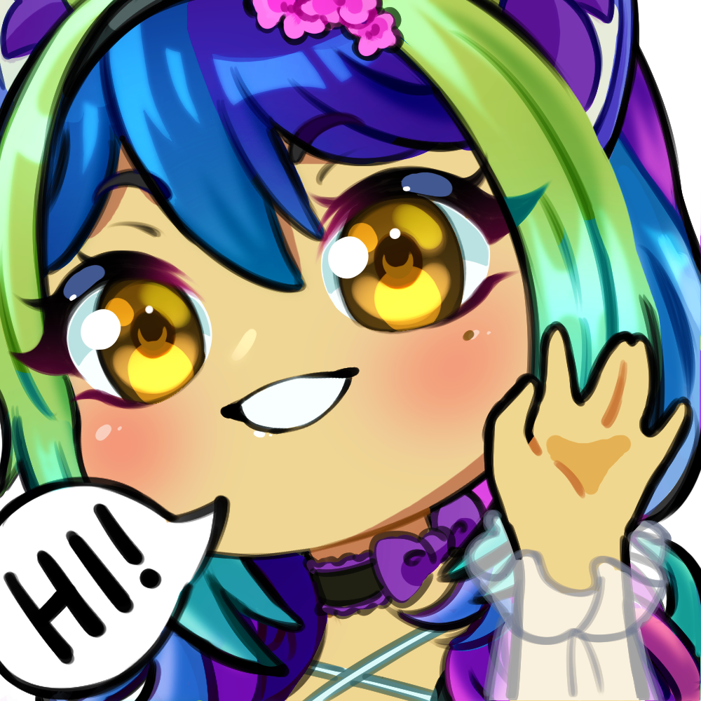 A colorful, anime-style character with large yellow eyes and blue, green, and purple hair. The character is smiling and waving, with a speech bubble saying 'HI!'