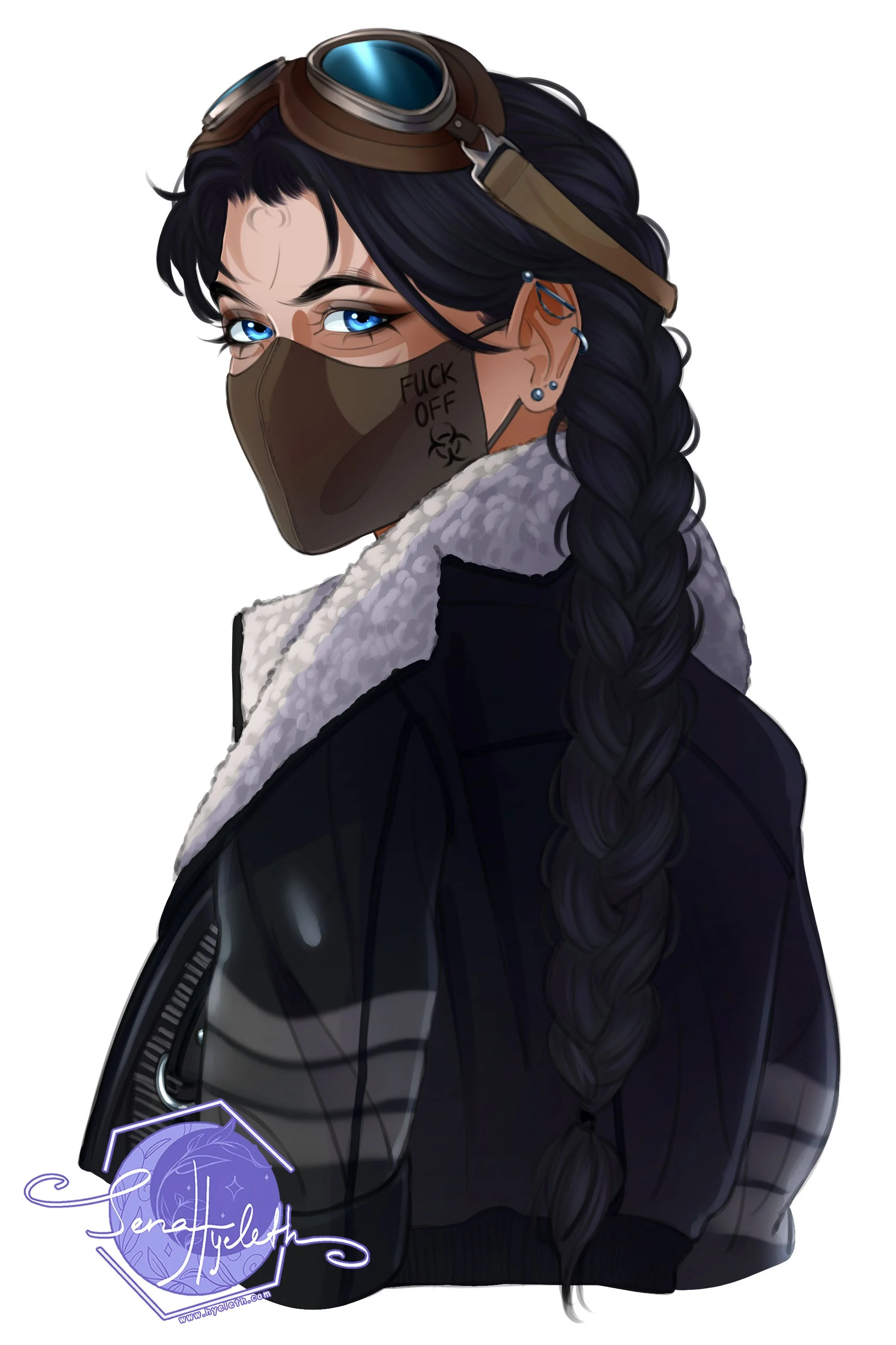 Digital illustration of a woman with blue eyes and long braided dark hair wearing goggles on her head a face mask with text and symbols, a black jacket, and a gray fur-lined collar.