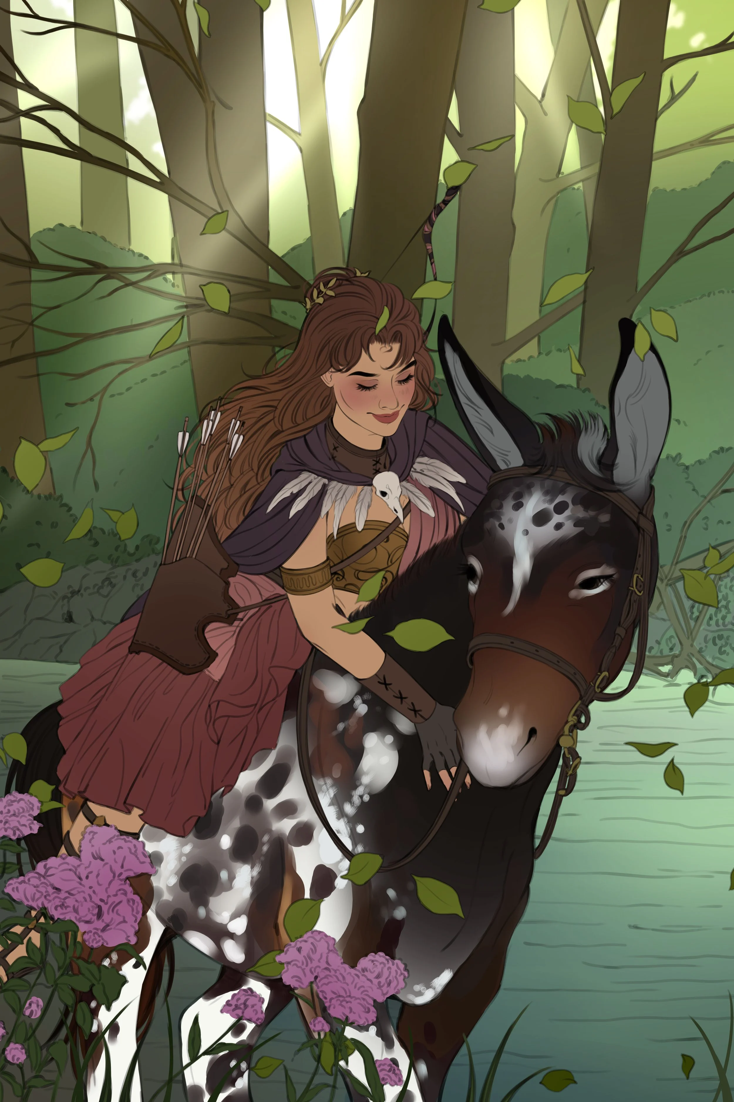 A woman with long brown hair and a feathered garment, riding a spotted horse in a lush forest near a body of water, surrounded by green leaves and purple flowers.