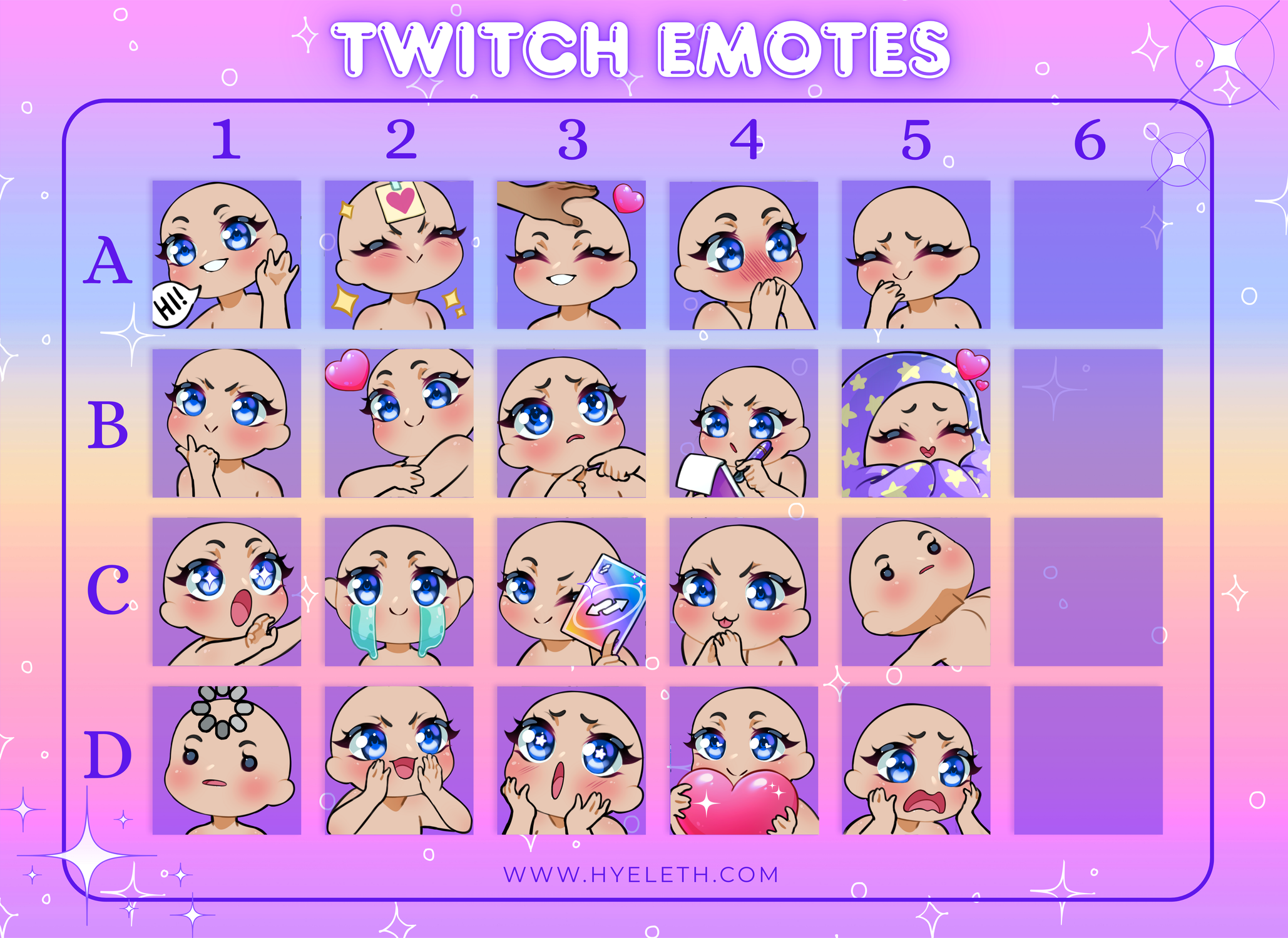A chart of 24 cute animated emoji characters arranged in a 4x6 grid with purple backgrounds, each expressing different emotions and labeled with letters and numbers.