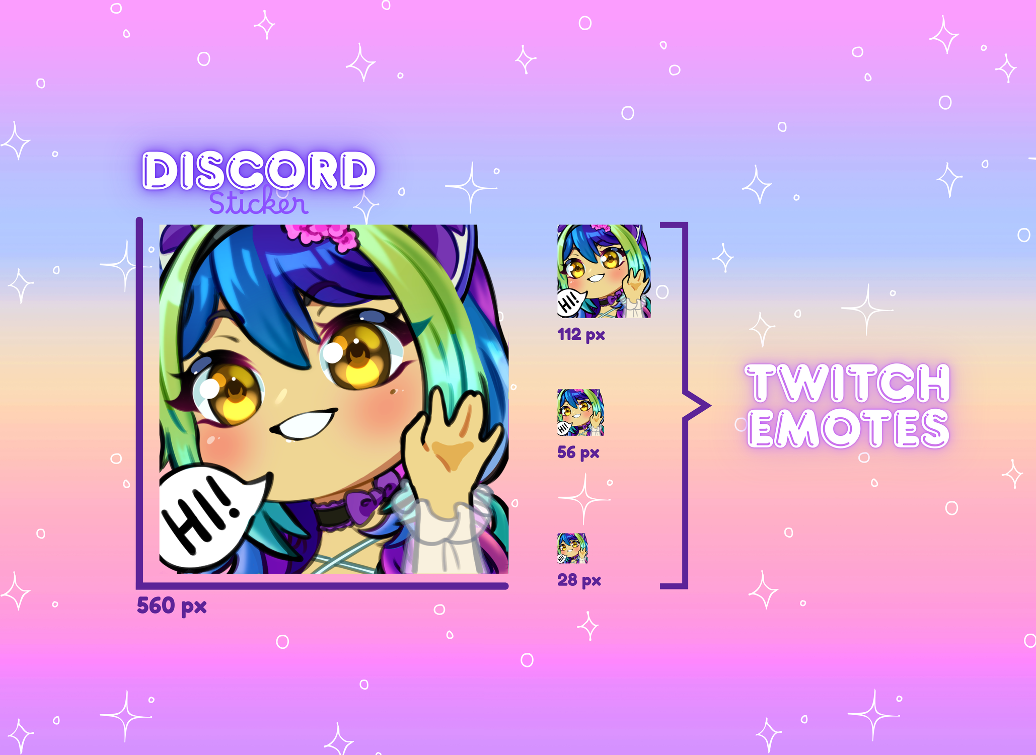 This image features a colorful, chibi-style digital illustration of a girl with large golden eyes and multicolored hair in shades of blue, green, purple, and yellow, with pink flowers in her hair. She is smiling, waving, and saying "Hi!" in a speech bubble. The background has a pastel gradient with stars and sparkles, and the image is labeled as a Discord sticker and Twitch emotes, showcasing different sizes and pixel dimensions.