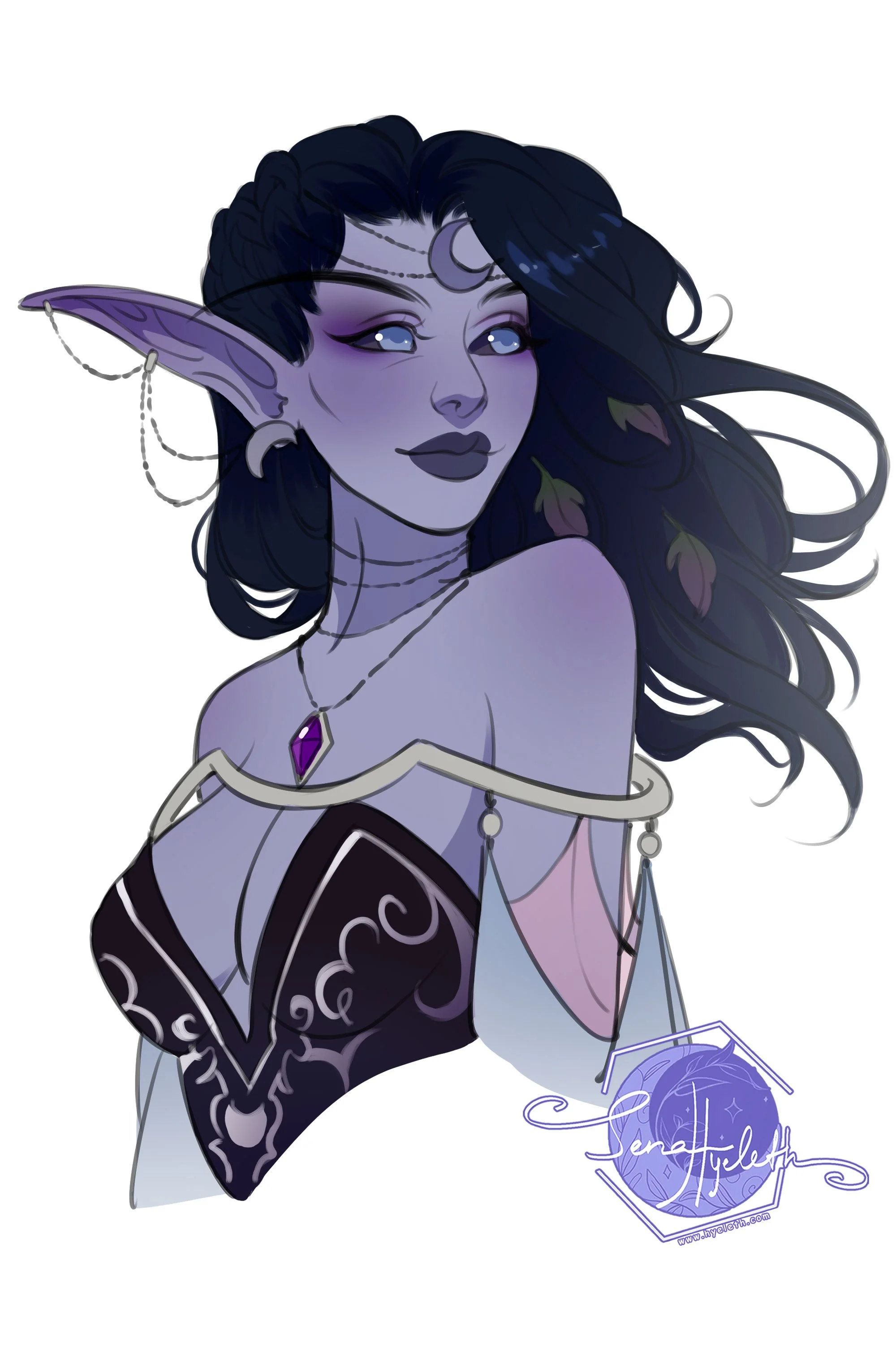 Digital illustration of a fantasy female character with purple skin, pointed elf ears, long dark hair decorated with leaves, and jewelry including a purple gemstone necklace and moon-themed headpieces.