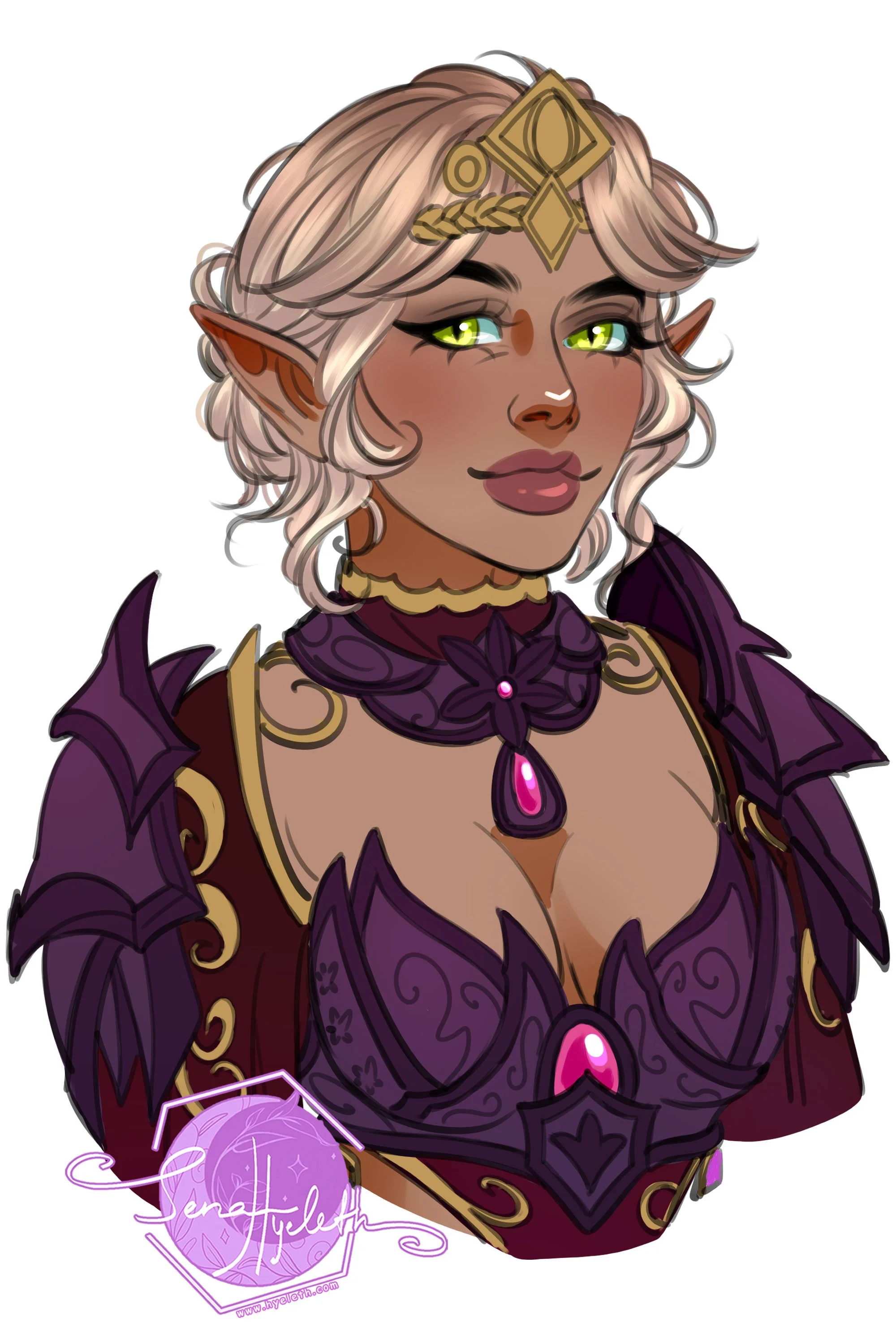 A fantasy elf woman with short, wavy blonde hair and pointed ears. She has glowing green eyes, wearing ornate purple and gold armor with pink gemstones and a matching choker necklace.