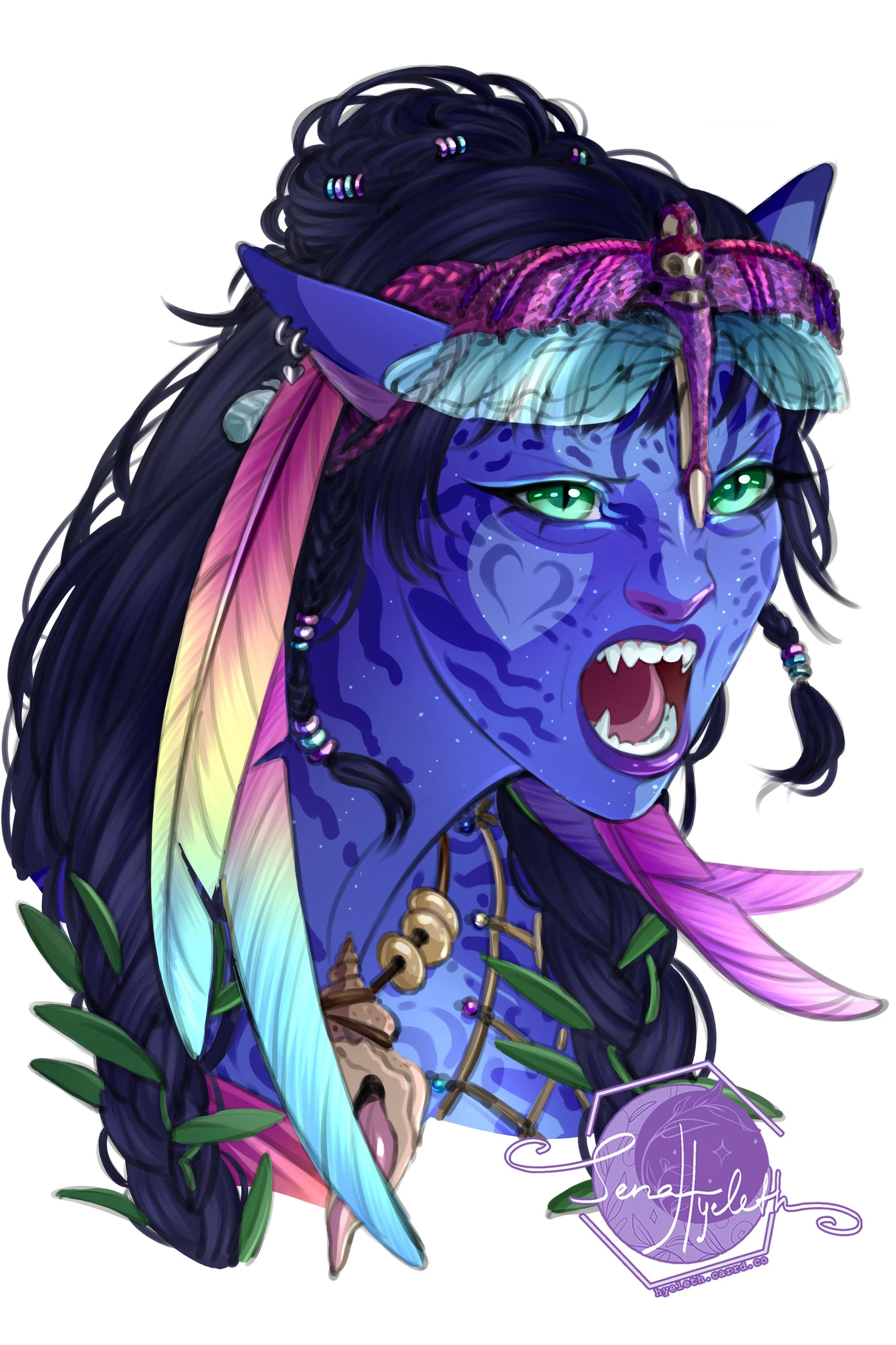 Digital illustration of a fierce blue-skinned fantasy character with pointed ears, long dark hair, and green eyes, adorned with colorful feathers, beads, and jewelry, as if yelling or in battle.