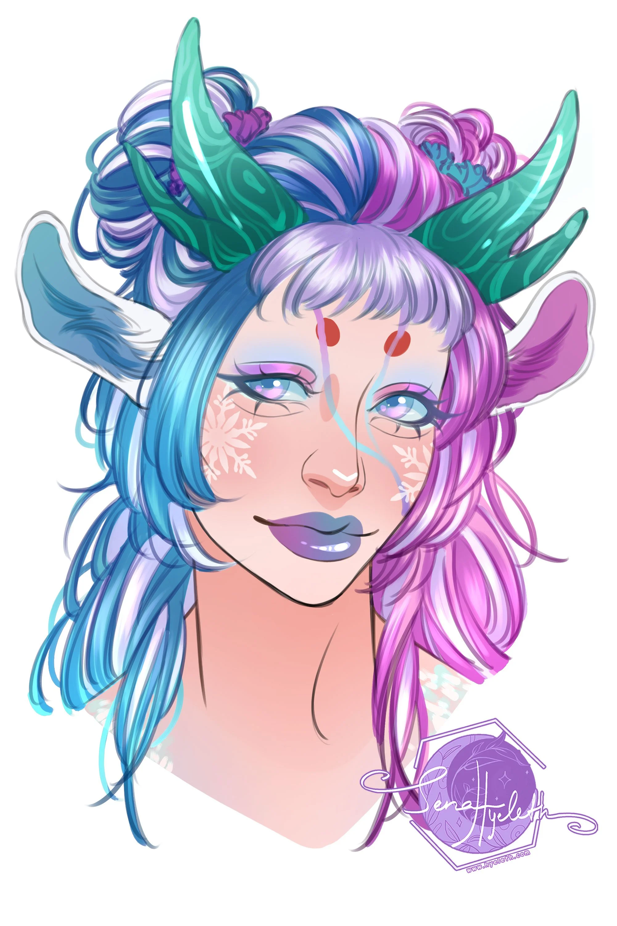 Digital illustration of a fantasy female character with purple and blue hair, green horns, and fox-like ears, featuring snowflake face paint and glowing blue eyes.