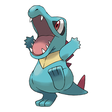 An animated character of Totodile from Pokémon with a wide open mouth and an excited expression.