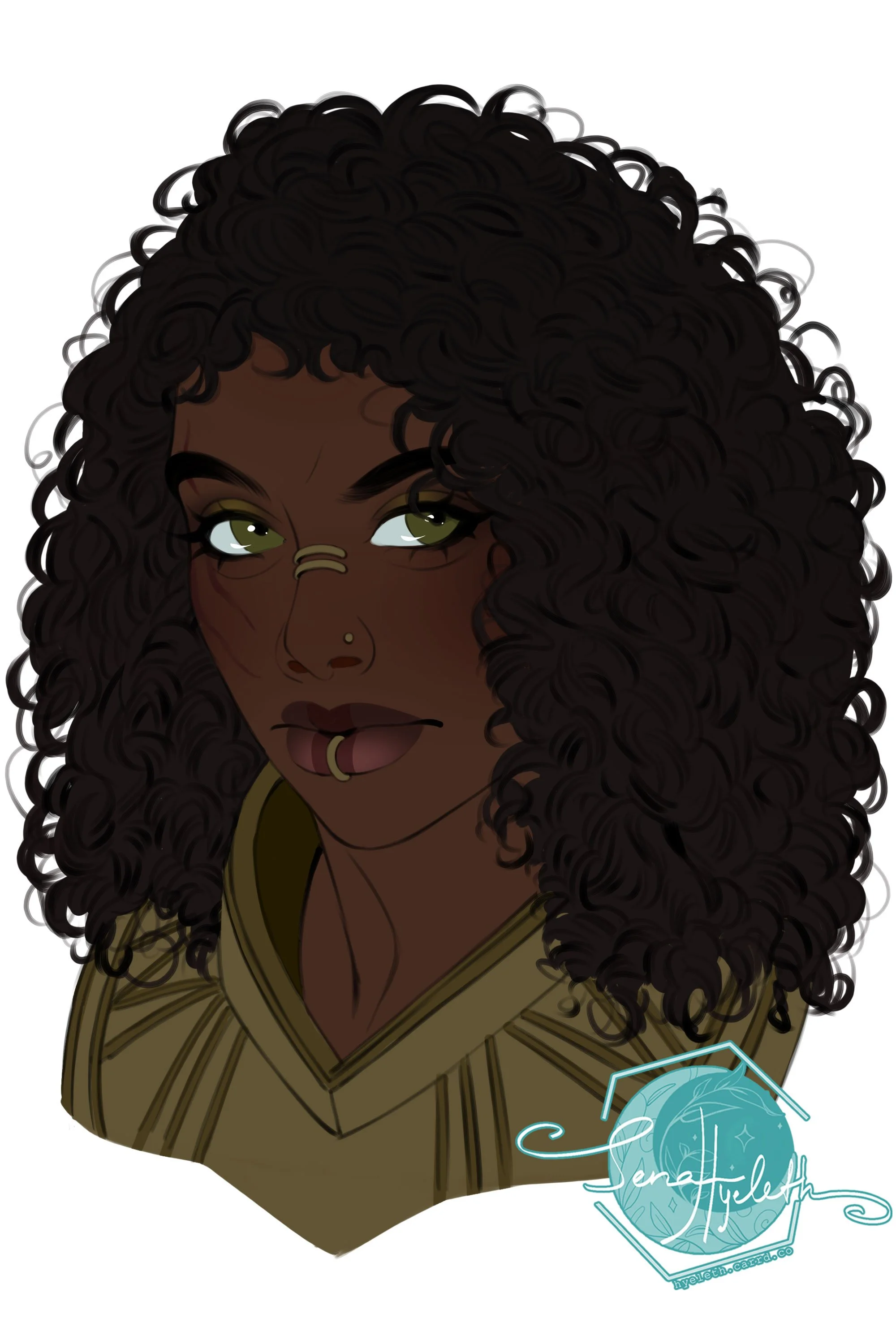 Digital illustration of a woman with dark curly hair, green eyes, and a nose and lip piercing, wearing a beige shirt with a symbol on the shoulder.