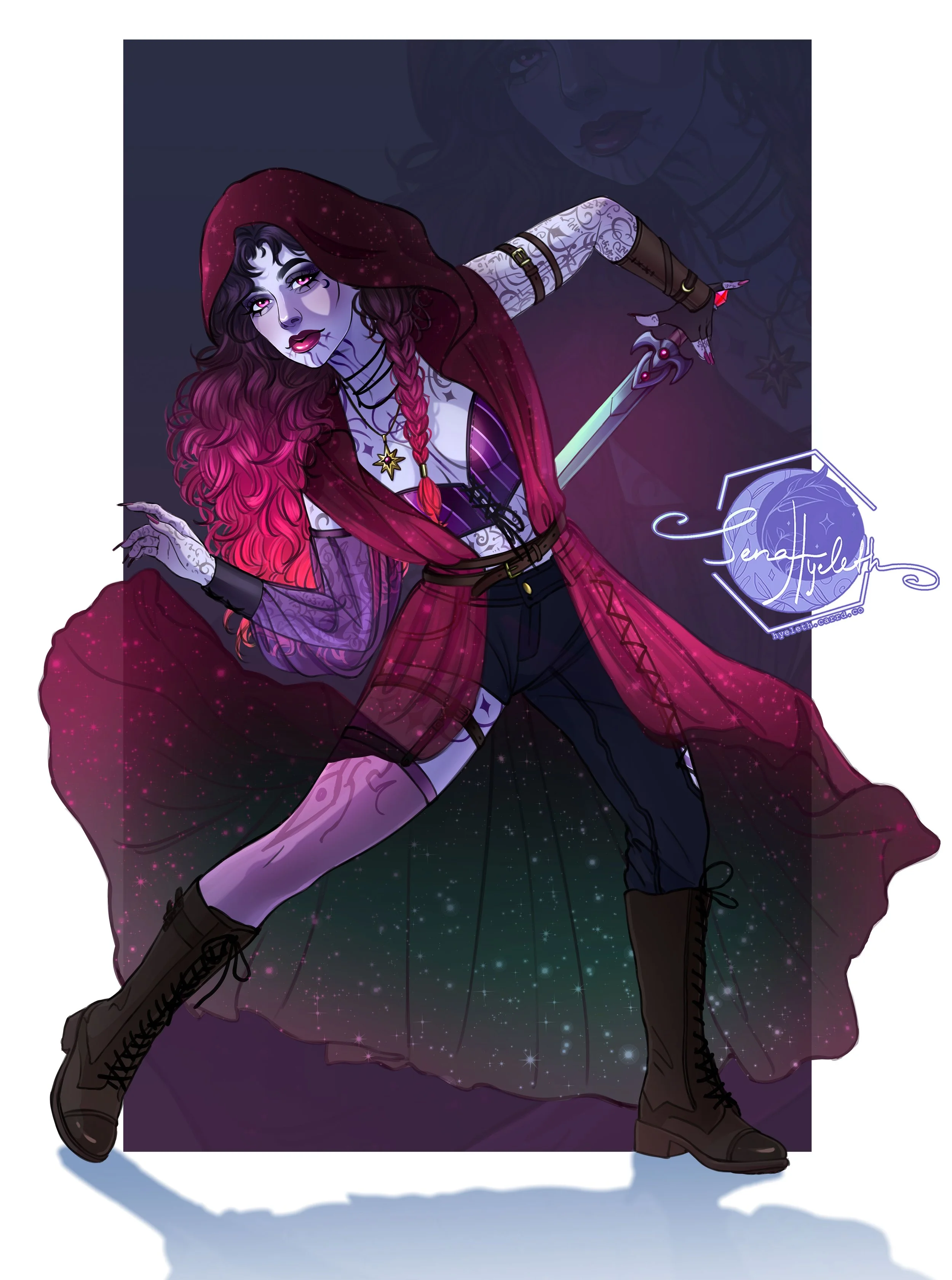 An illustrated fantasy character resembling a young woman with long, wavy, pink-tipped hair, wearing a hooded red cloak with star-like sparkles, black top, shorts, and combat boots, holding a glowing sword.