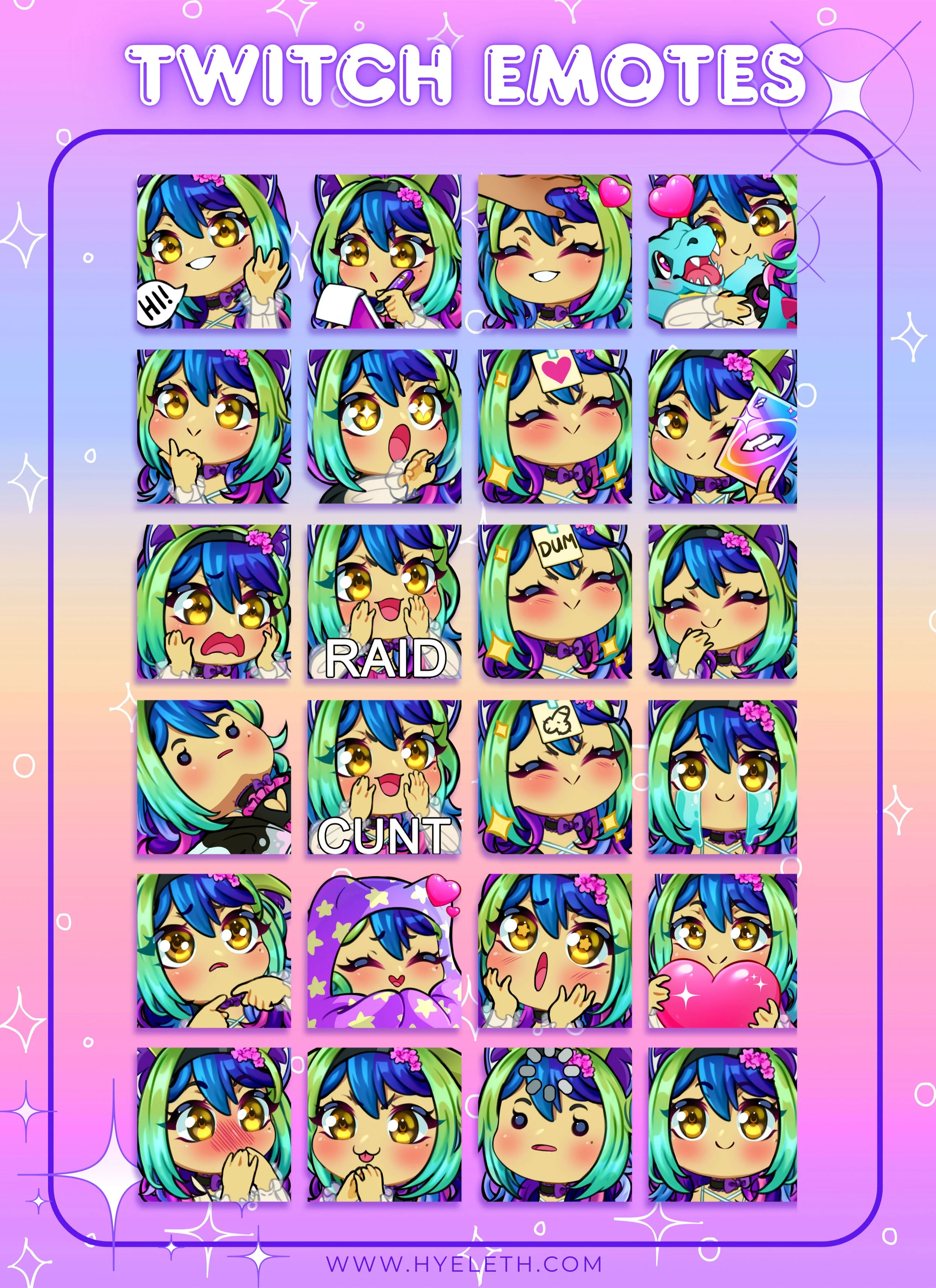 A grid of 24 colorful cartoon emotes featuring a blue and green-haired character with large expressive eyes, showing various emotions like happiness, surprise, sadness, and anger. The background is purple with sparkles and the title "Twitch Emotes" a