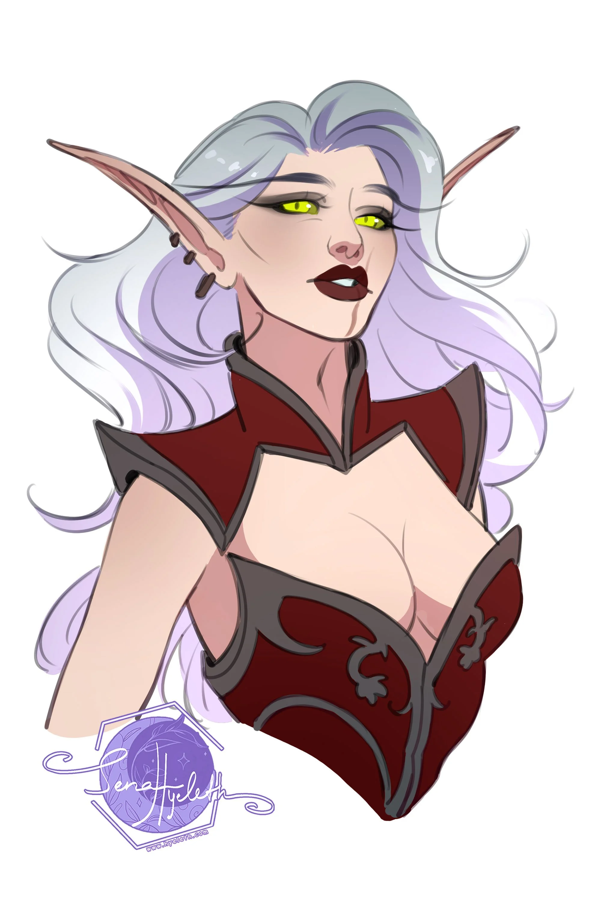 A fantasy style illustration of an elf woman with pale skin, long wavy silver hair, and bright yellow eyes. She has pointed ears with earrings and is wearing a revealing red and black armor top with gray accents.