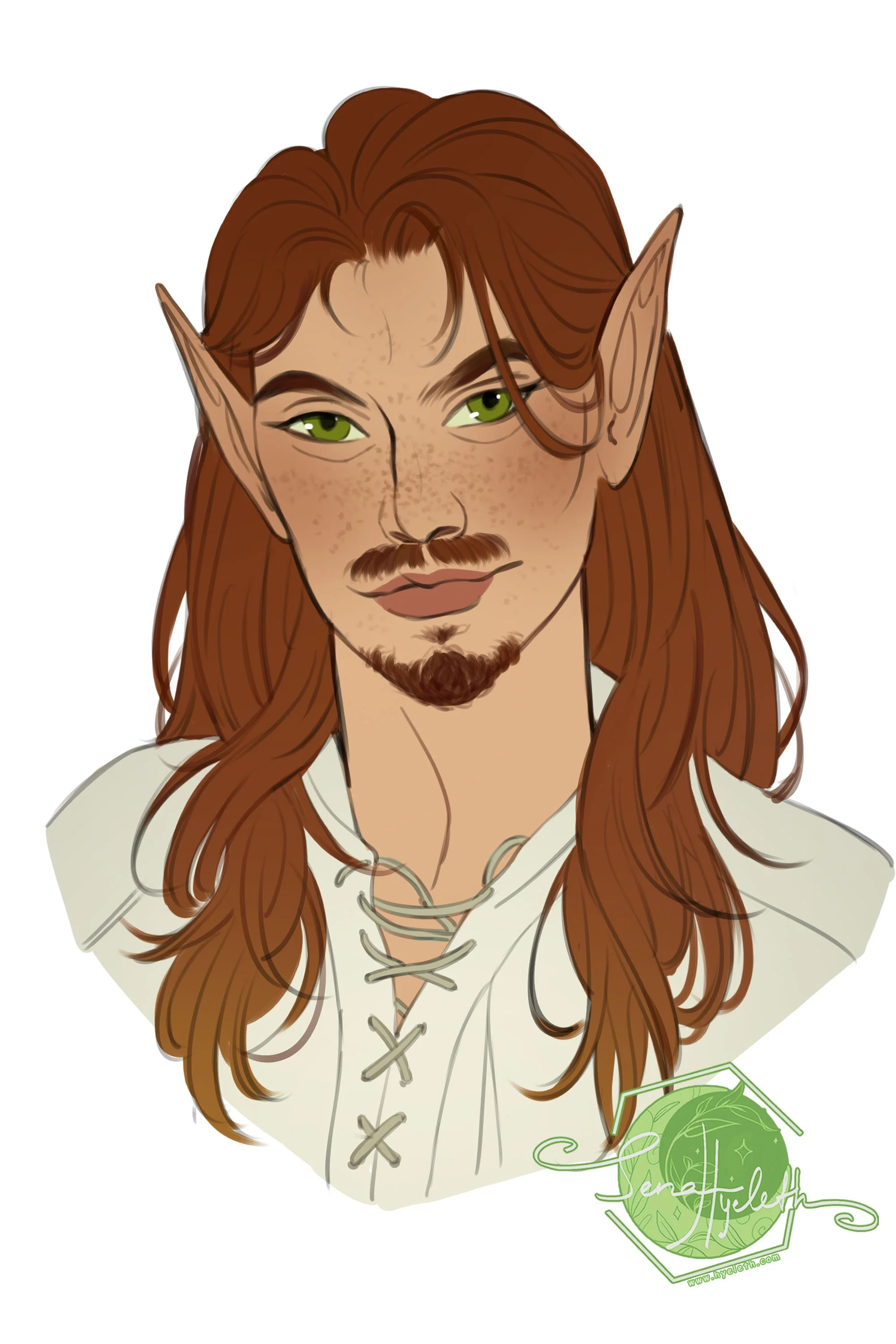 A digital illustration of a fantasy elf with long red hair, pointed ears, light skin with freckles, and green eyes, dressed in a white shirt with lacing.