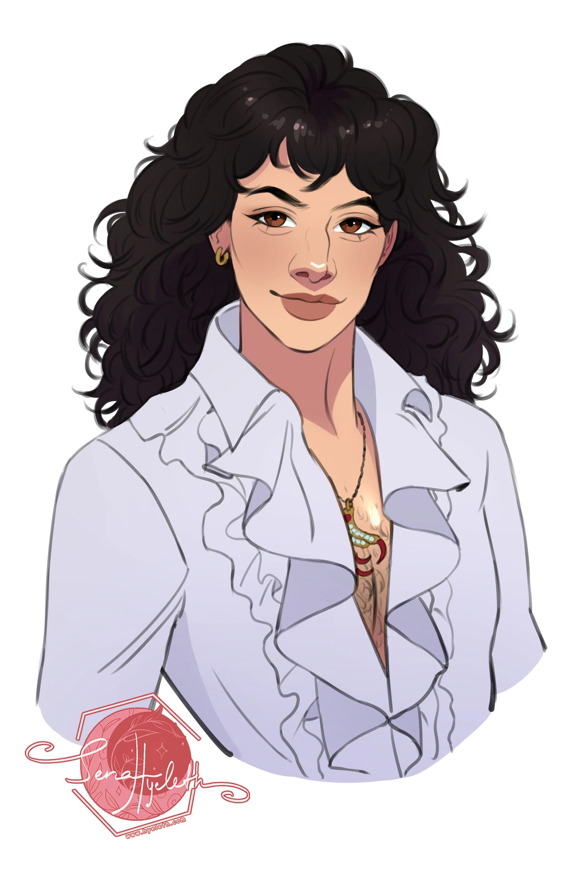 Digital illustration of a person with dark, curly hair, wearing a ruffled white blouse, and a distinctive gold necklace. 