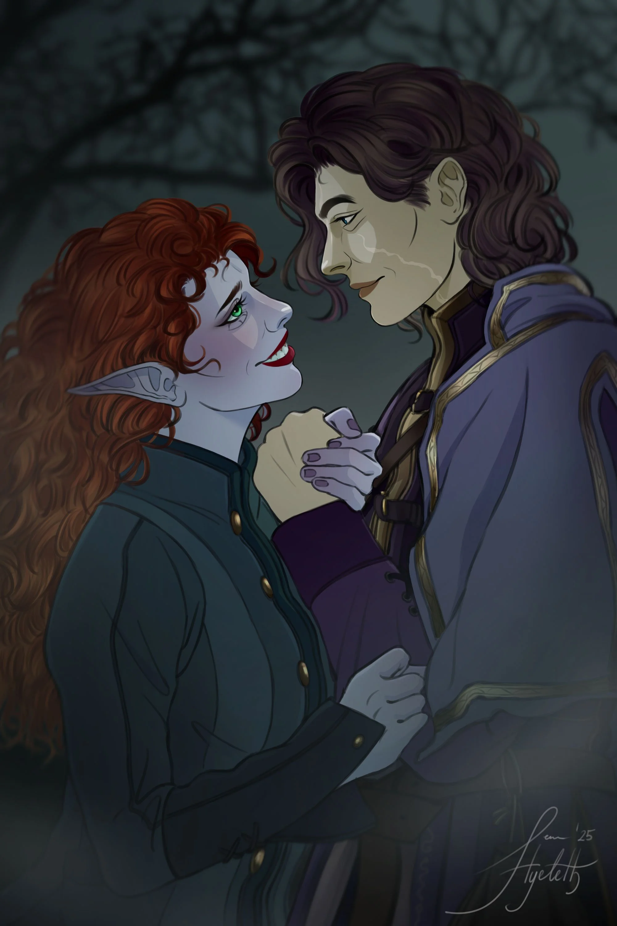 A romantic scene of two fantasy characters, a woman with red curly hair and elf-like ears, and a man with long, wavy brown hair, gazing into each other's eyes in a dark, forested background.