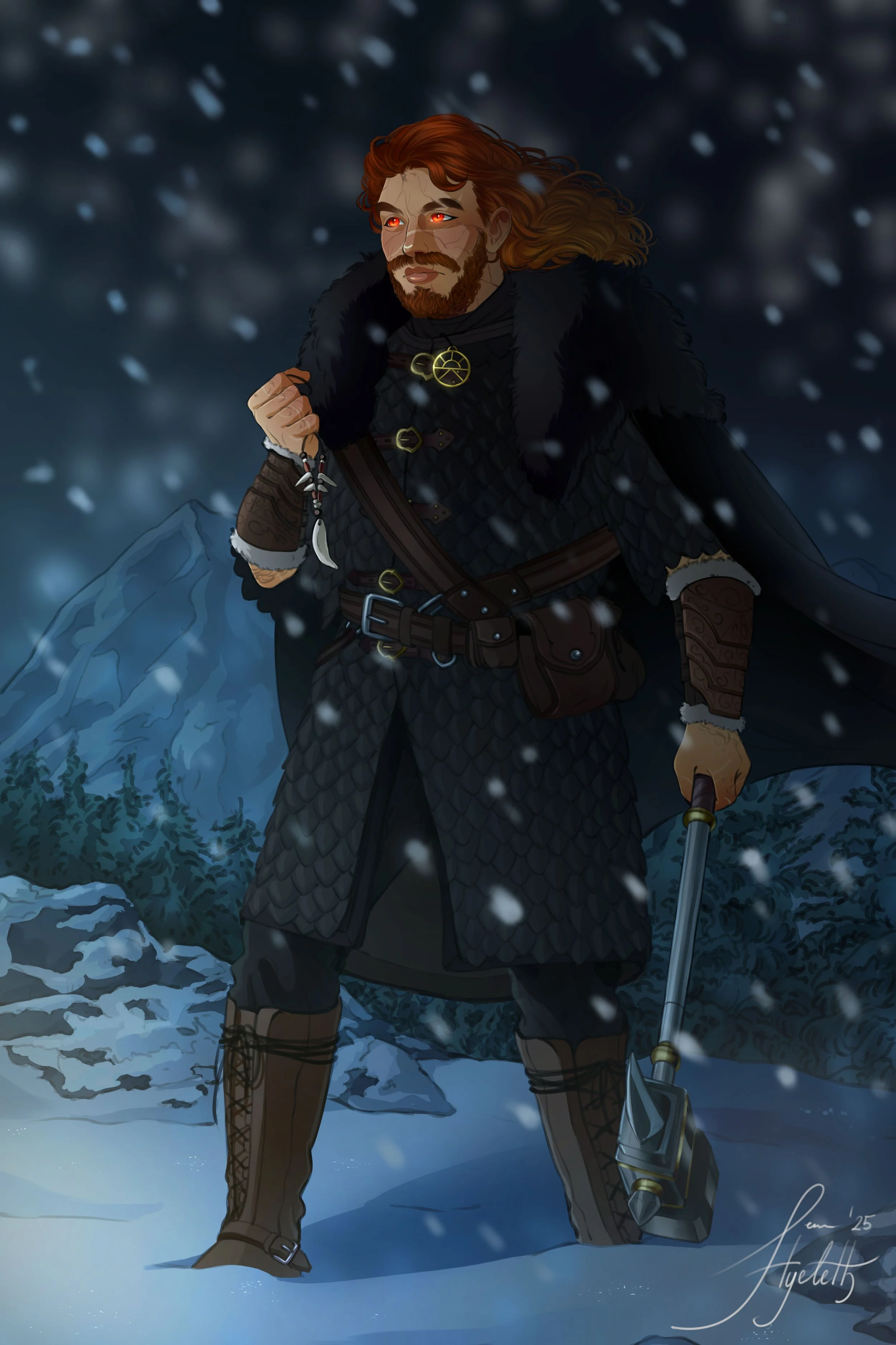 A man with red hair and beard, dressed in medieval armor and clothing, standing outdoors in a snowy mountain landscape during snowfall, holding a hammer in his right hand and a small dagger in his left, with a serious expression.