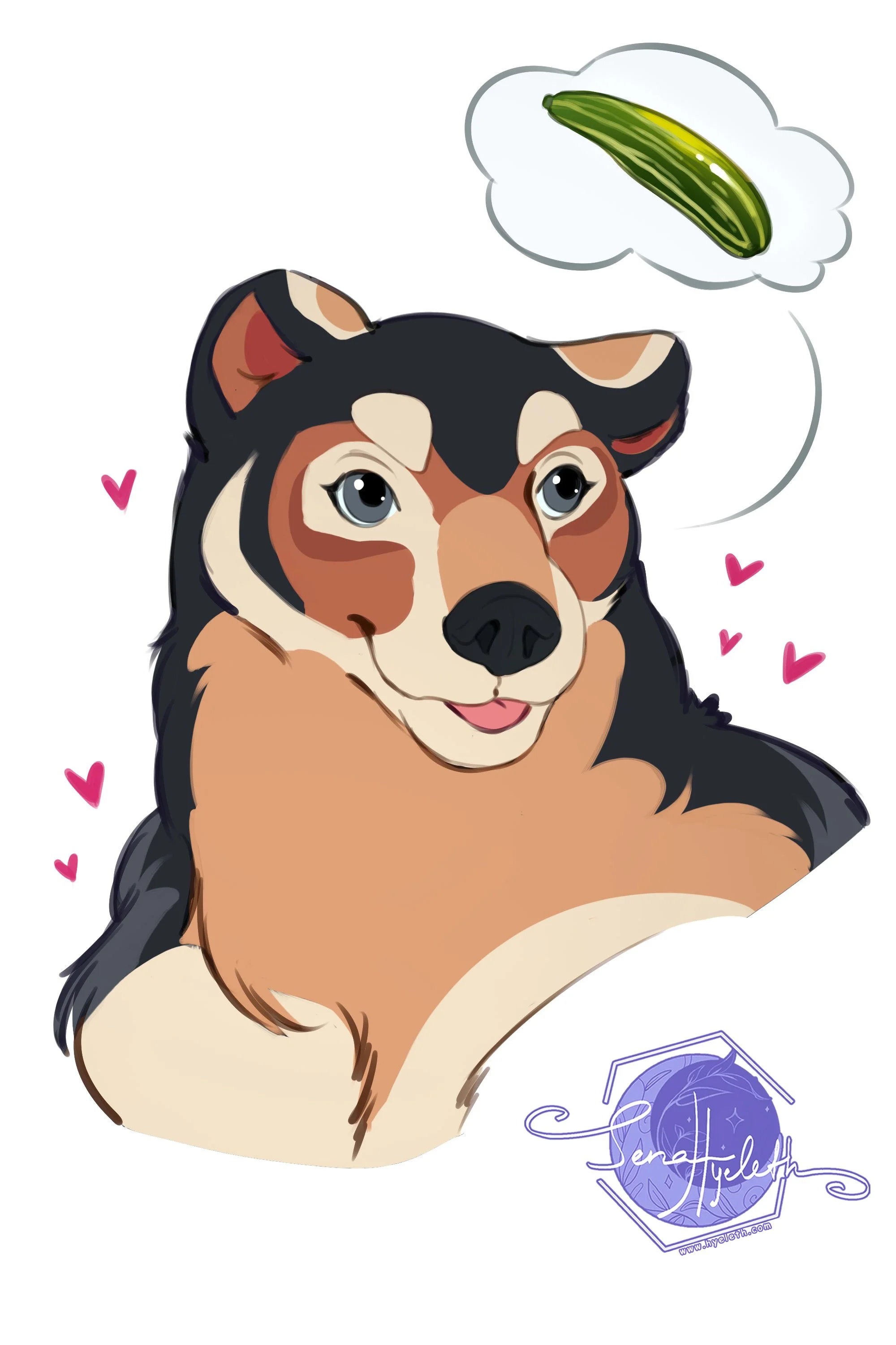 A digital drawing of a happy bear with blue eyes and a multicolored coat, looking up at a thought bubble with a zuchini inside, surrounded by pink hearts, with a signature and website at the bottom.
