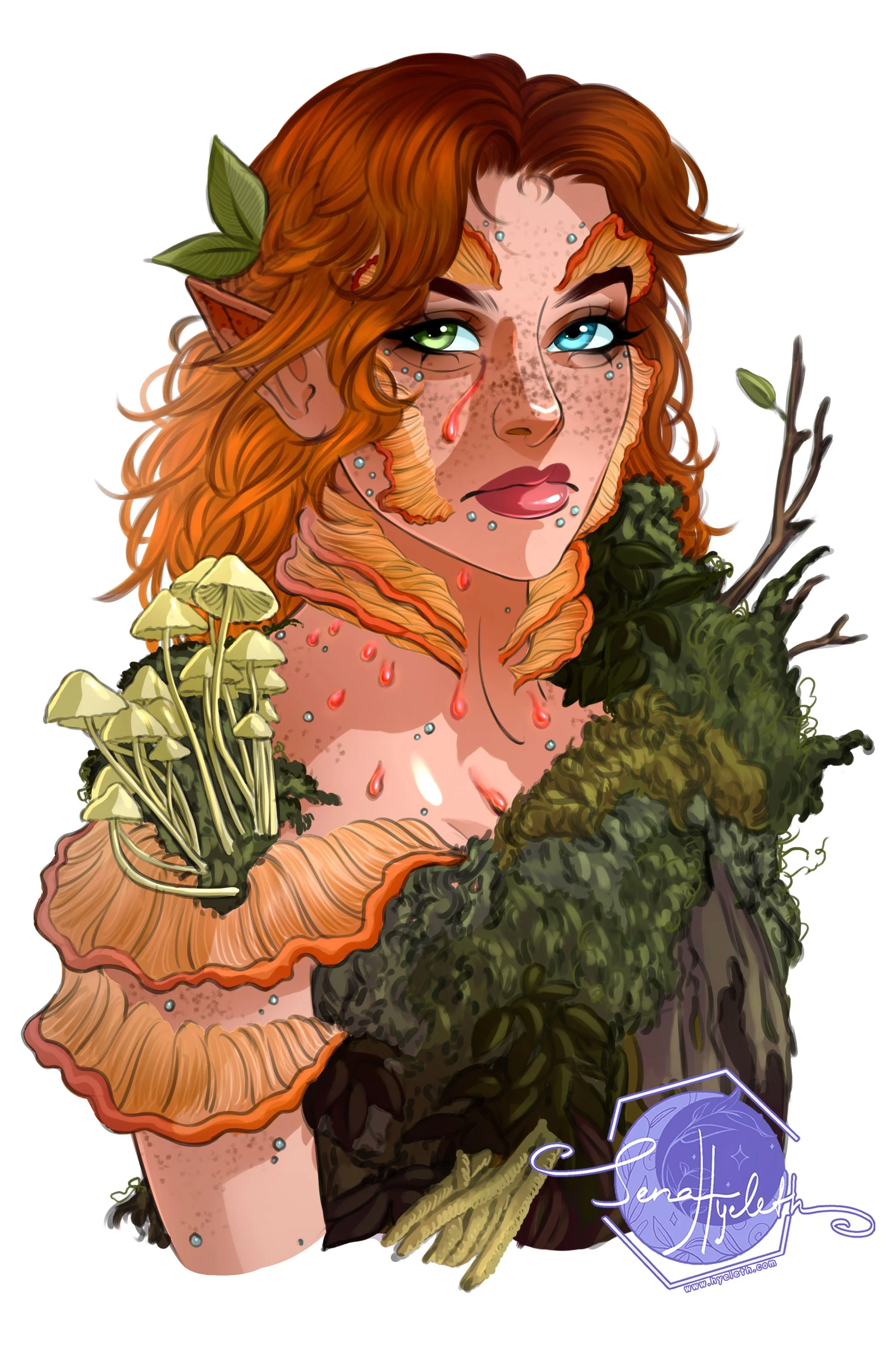 A fantasy elf woman with red hair, green and blue eyes, and facial freckles, surrounded by mushrooms, leaves, and moss, with a signature at the bottom right corner.