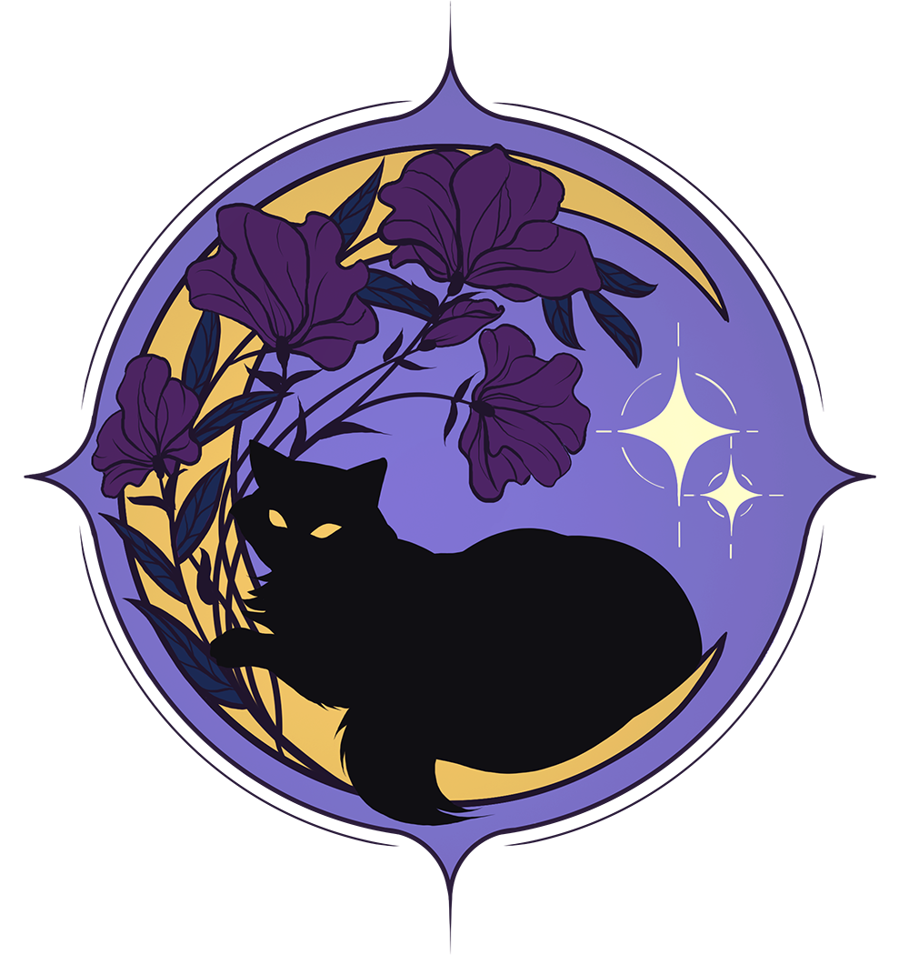 A black cat silhouettes against a moon with purple flowers and star sparkles in a stylized, mystical night sky scene.