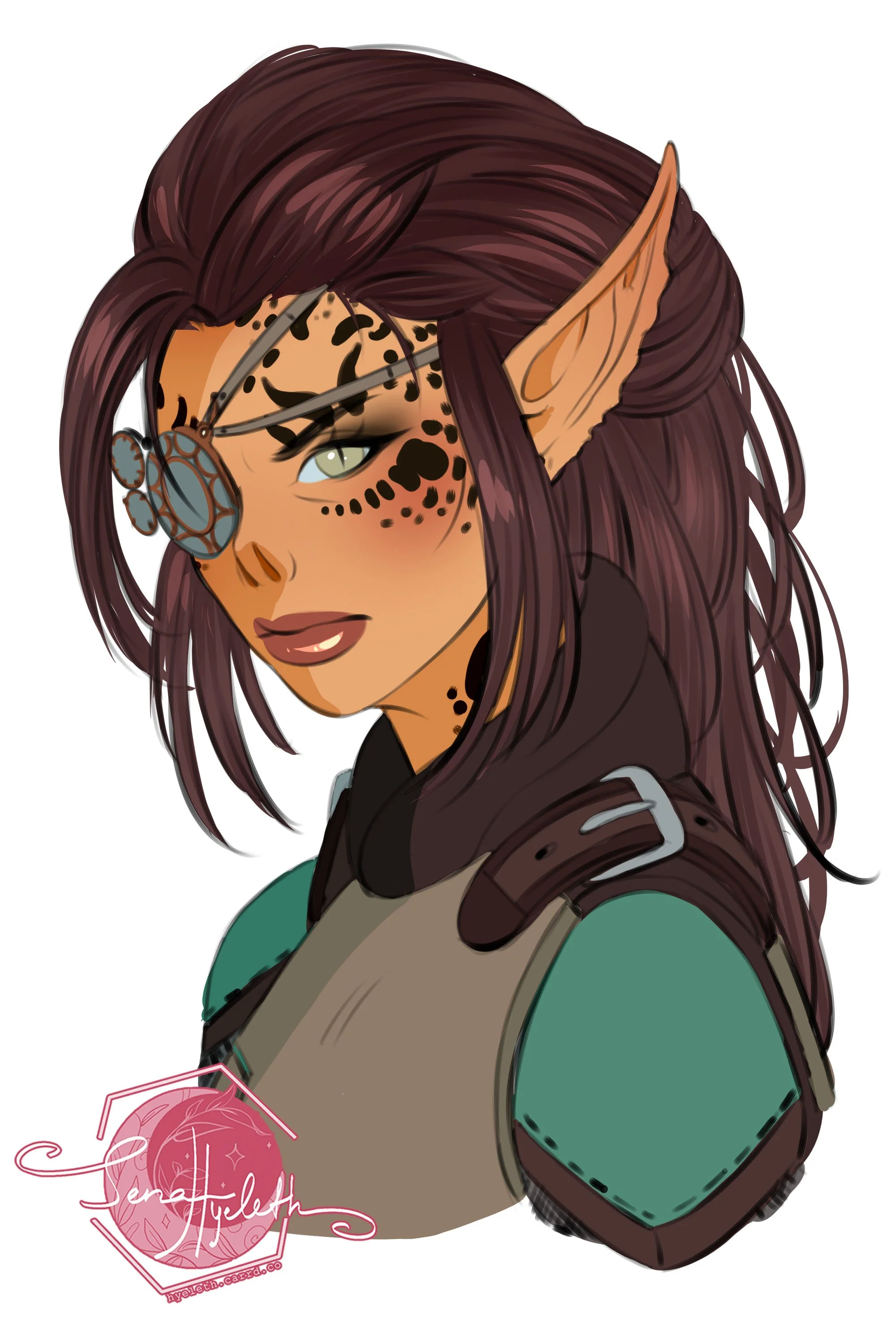 Digital illustration of a fantasy character with dark maroon hair, pointed elf-like ears, and face markings resembling animal spots. She wears a steampunk-style monocle and armor on her shoulders, with a confident expression.