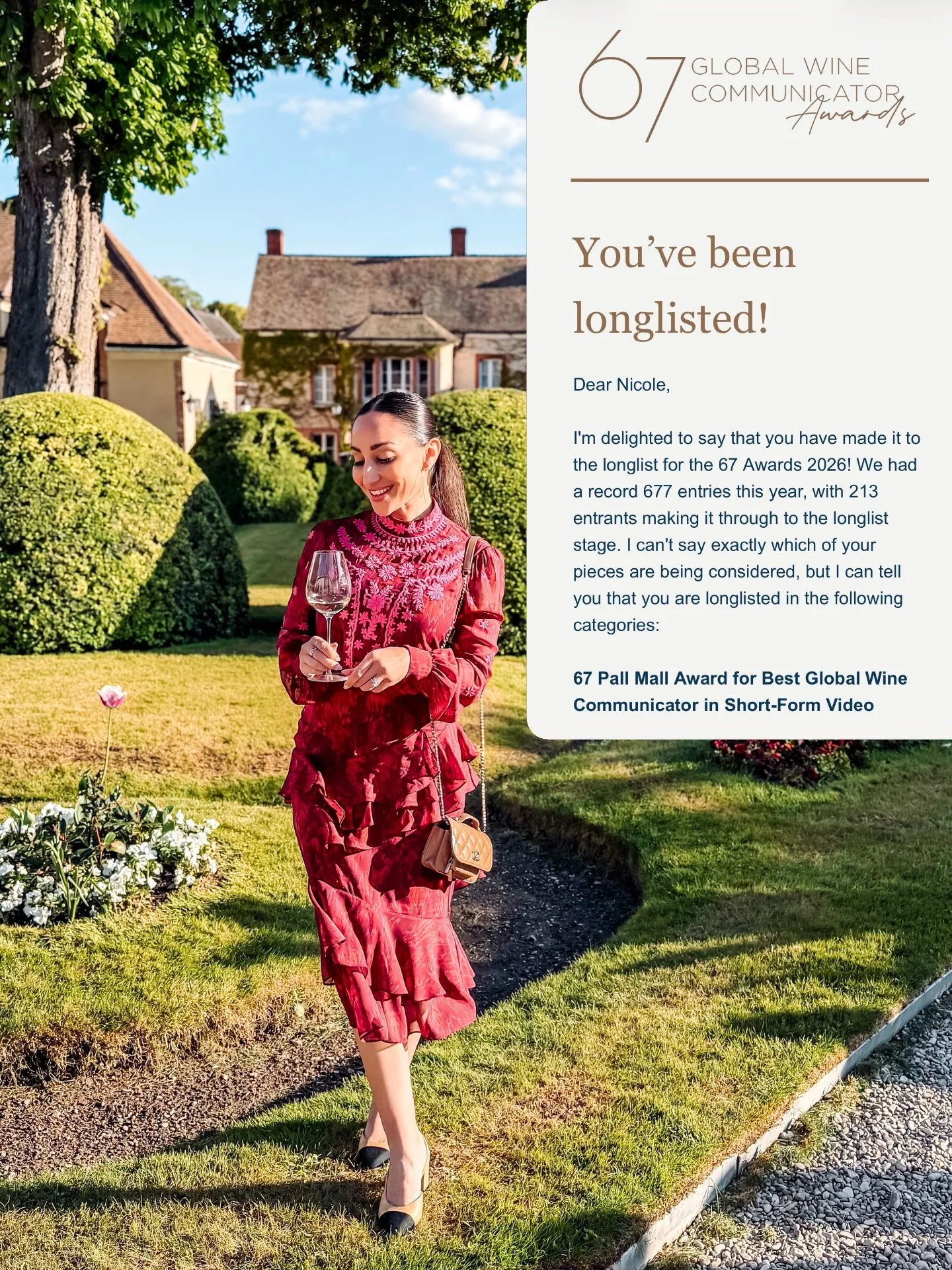 Excited and honored to be long-listed again for the @67pall_mall Global Wine Communicator Awards in the category of Best Global Wine Communicator in Short-Form Video.

Last year, there were 576 entries, with 398 making the long list. This year, there