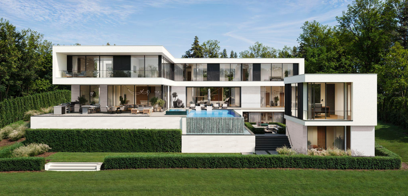 Modern multi-story house with extensive glass walls, outdoor pool, and modern outdoor furniture, surrounded by greenery.