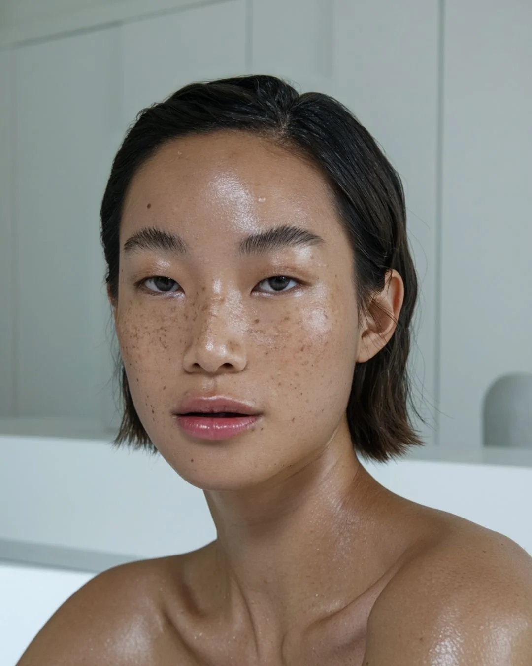 Close-up of a woman with dark, wet hair and clear, dewy skin with freckles, looking directly at the camera, in a neutral indoor setting.