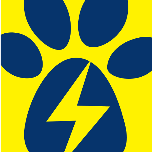 A yellow background with a large dark blue paw print and a lightning bolt symbol inside the paw.